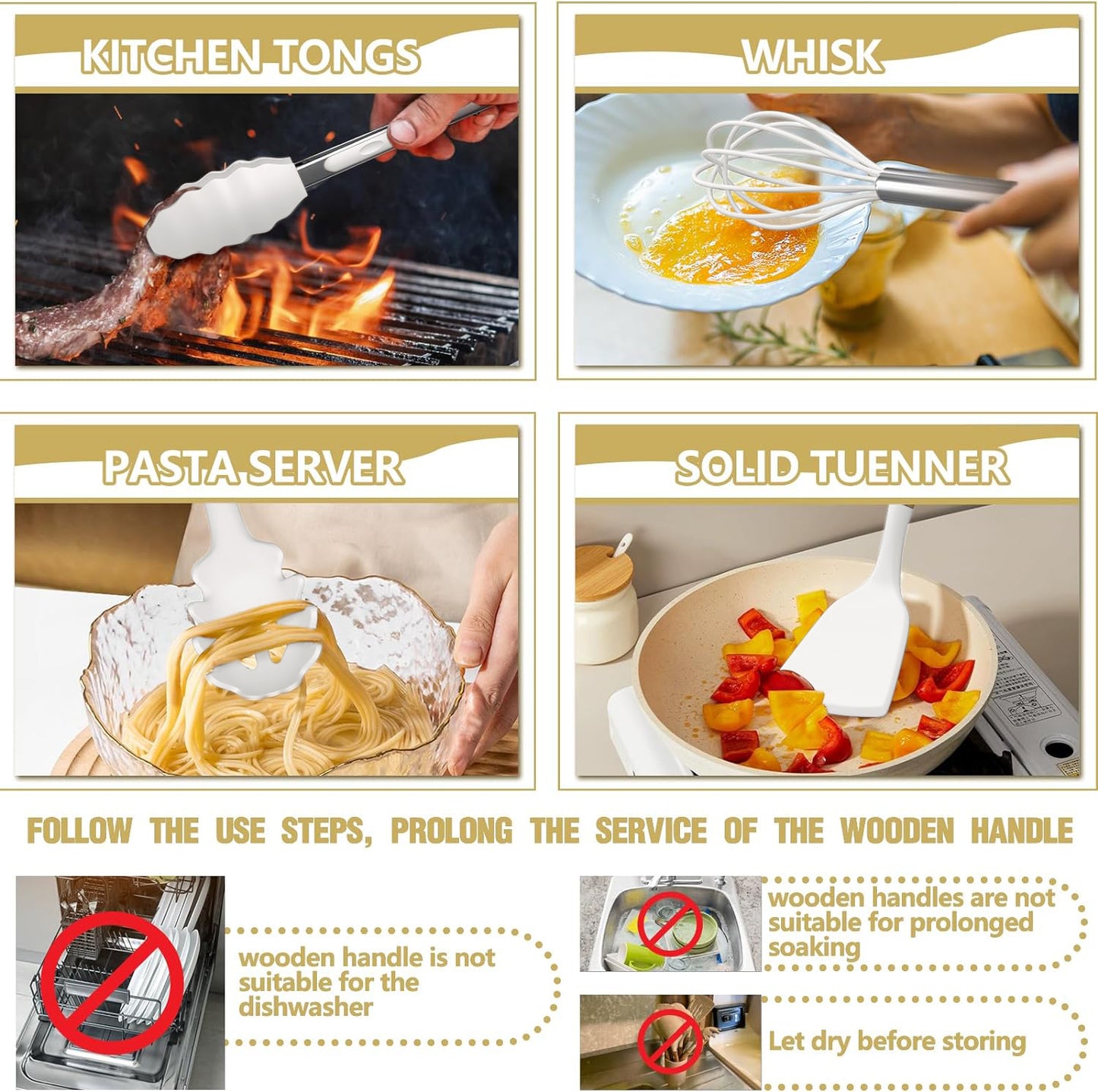 Silicone Kitchen Utensil Set, AOKIWO 34PCS Heat Resistant Kitchen Gadgets and Tools With Grater, Cream White Wood Handles for Nonstick Cookware,White