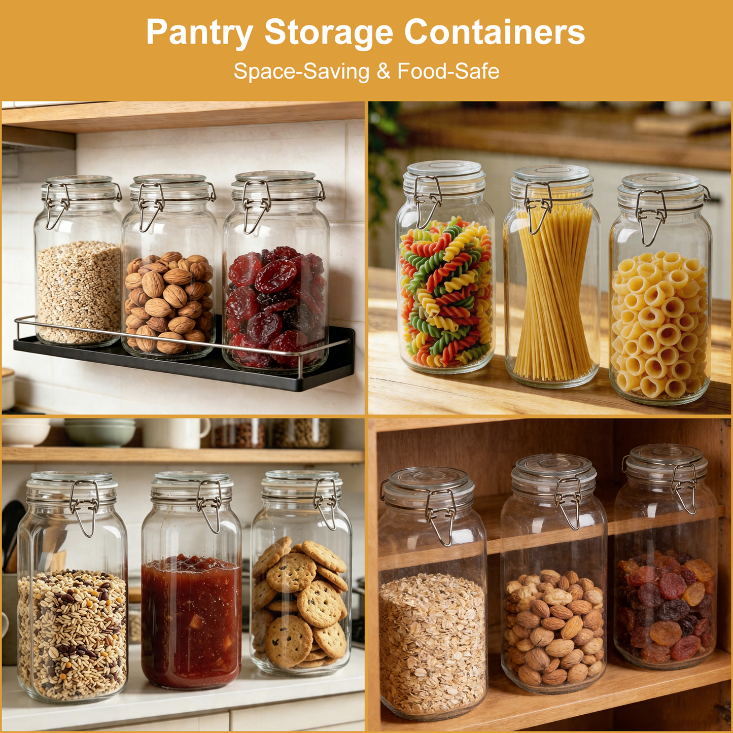 3 Pcs Airtight Glass Jars with Lids, TAIMASI 0.6 Gallon Glass Food Storage Canister with Wire Clip Fastening, Square Mason Jars with Labels & Pen for Flour, Cereal, Pasta, Bean