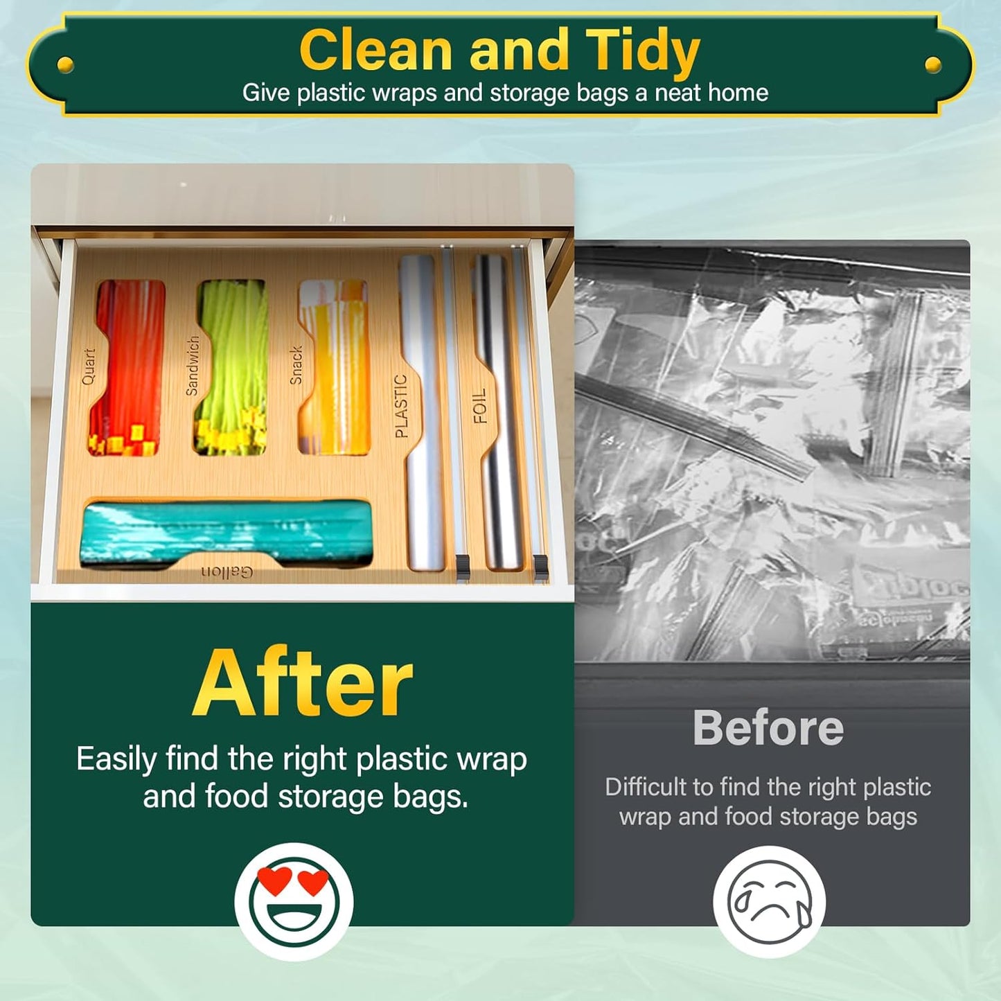 Bag Organizer and Plastic Wrap Dispenser with Cutter, 6 In 1 Bamboo Foil and Plastic Wrap Organizer for Kitchen Drawer, Food Storage Bag Organizer for Gallon,Quart,Sandwich,Snack(Yellow)