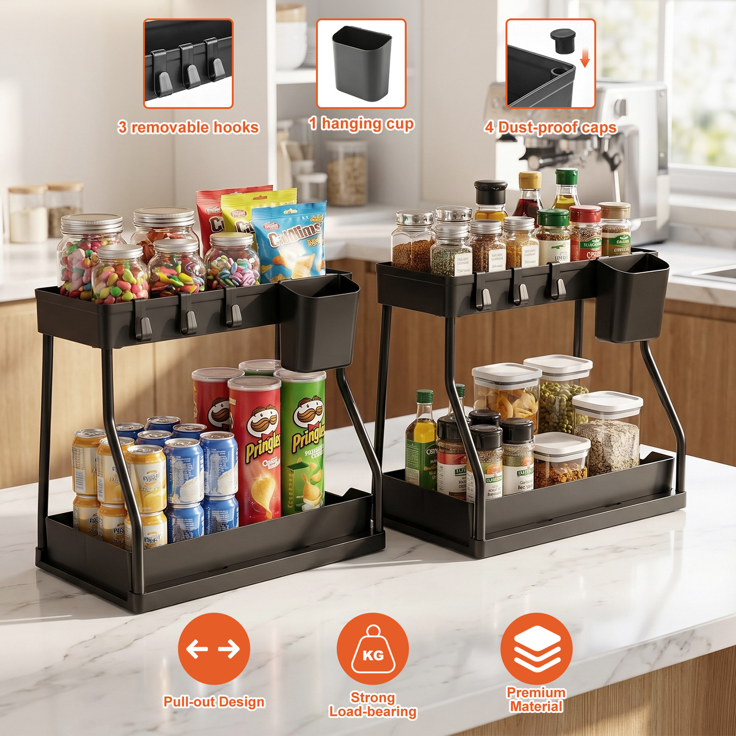 1 Pack Under Sink Organizer, 2 Tier L-Shaped Pull Out Cabinet Organizer for Kitchen and Bathroom, Space Saving Sliding Drawer Storage Rack, Durable Plastic Narrow Space Shelves, Black