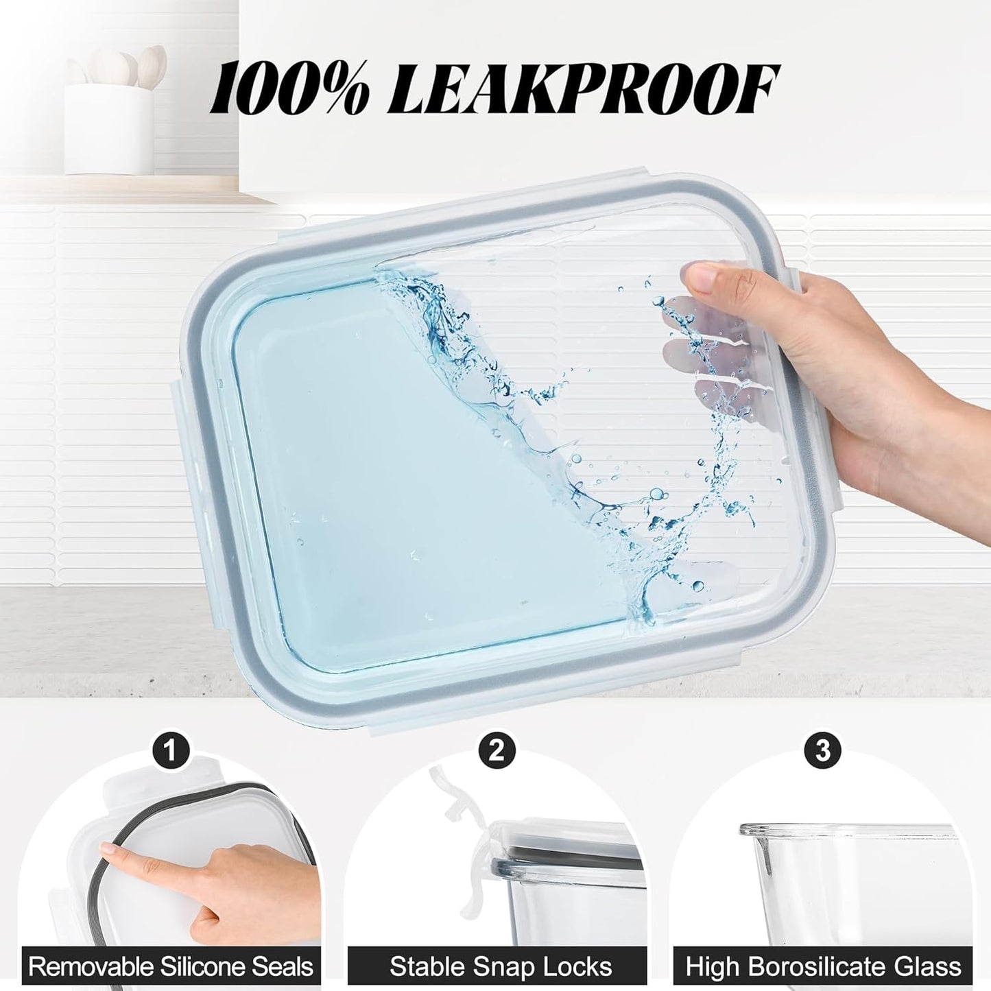 TAIMASI 4 Pcs Glass Food Storage Containers Set, 8 Cup/63 Oz Baking Containers with Leak-Proof Lids (2 containers + 2 Lids), Meal Prep, Lunch Box, Gray