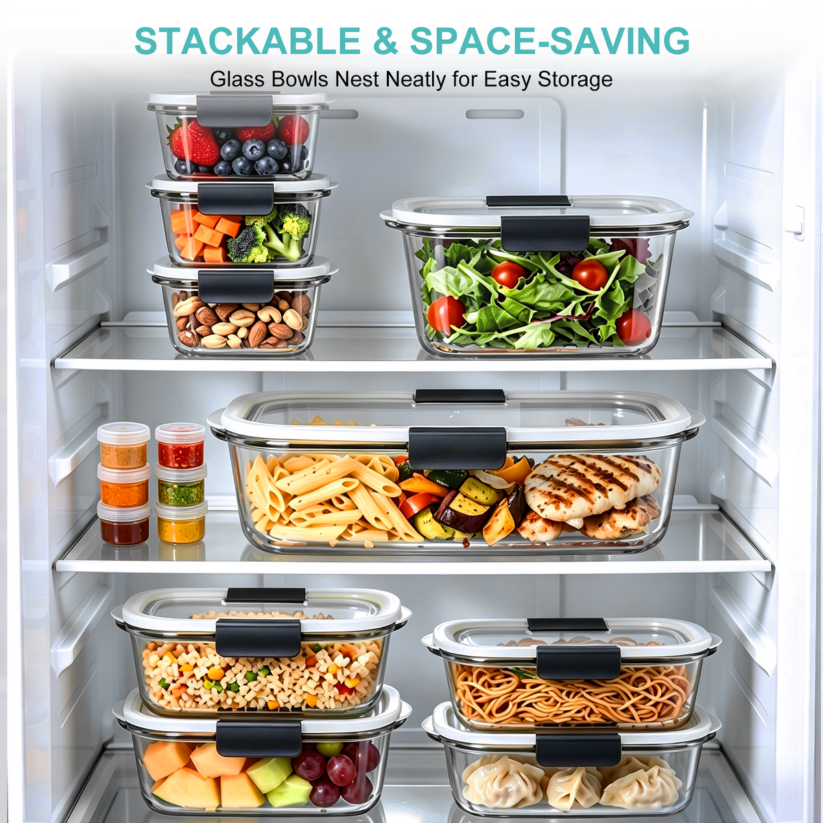 30 Pcs Glass Food Storage Containers with Lids, Glass Meal Prep Container Sets with Snap Airtight Lids, Meal Prep Containers with Sauce Cups, Microwave, Oven, Freezer & Dishwasher Safe, Leak-Proof