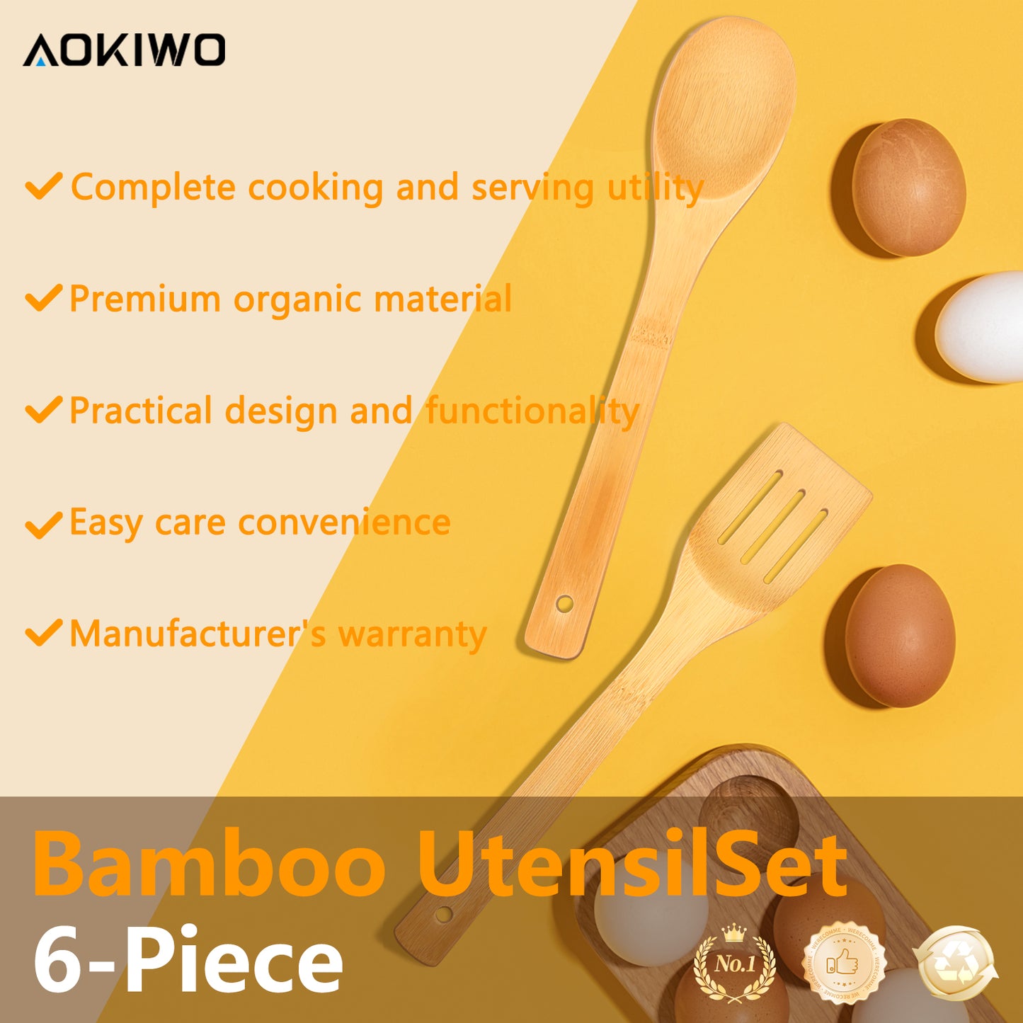 Wooden Spoons for Cooking, TAIMASI 6Pcs Banboo Spatula Spoon Tongs Utensils Set for Kitchen Cookware