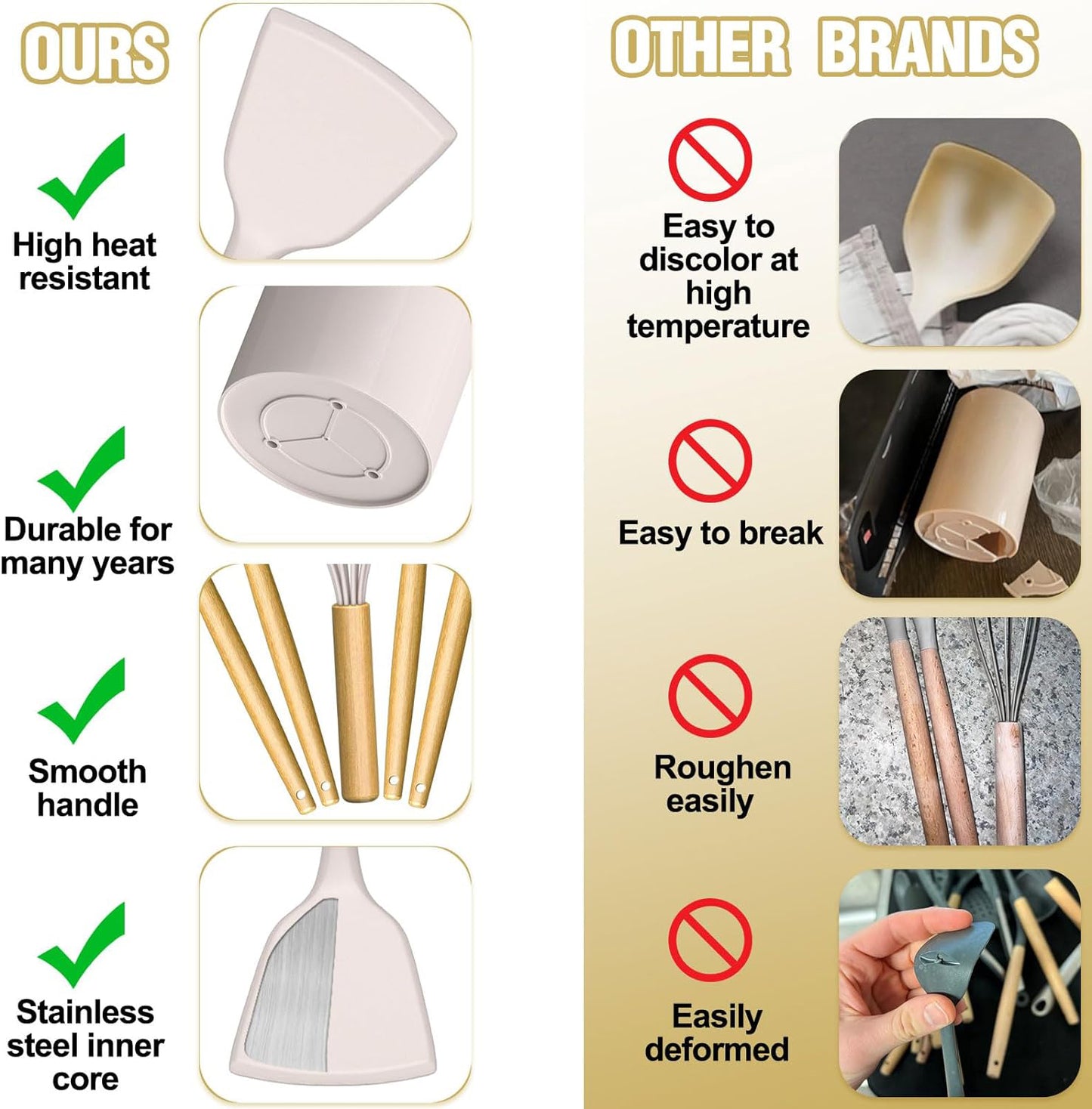 Kitchen Utensil Set, AOKIWO 34Pieces Silicone Cooking Utensil Set with Wooden Handle, Heat Resistant Spatula Set Gadgets Tools Cookware, Khaki