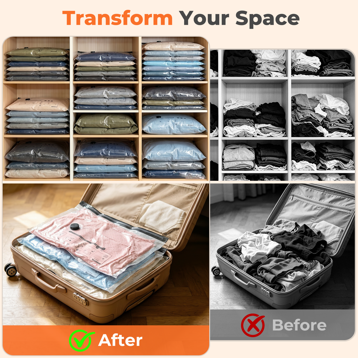 Mibote Vacuum Bags for Travel with Rechargeable Pump, 9 Combo Space Saver Compression Packing Seal Storage for Clothes Luggage