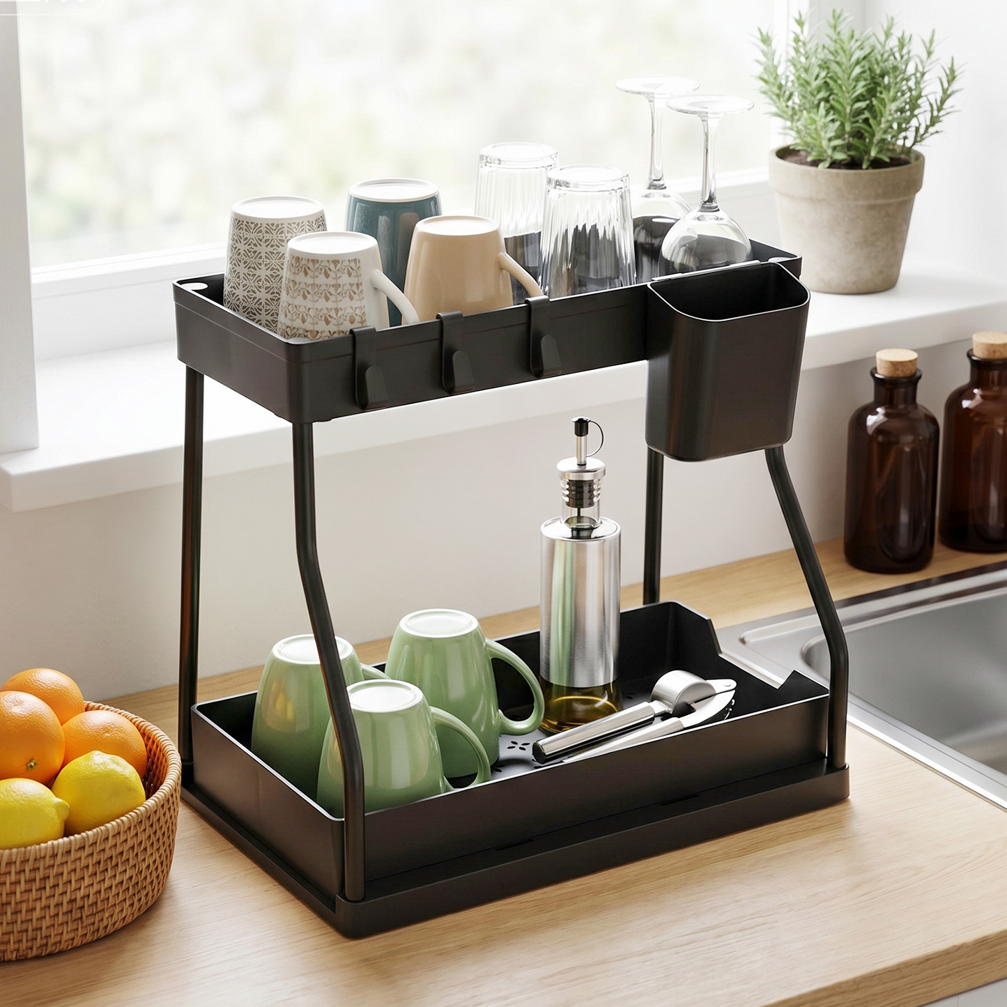 2 Pack Under Sink Organizer, 2 Tier L-Shaped Pull Out Cabinet Organizer for Kitchen and Bathroom, Space Saving Sliding Drawer Storage Rack, Durable Plastic Narrow Space Shelves, Black