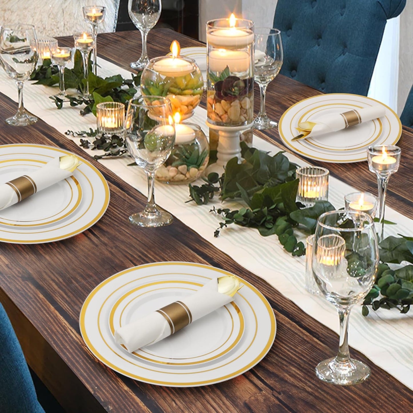 350 Piece Gold Dinnerware Set for 50 Guests, Plastic Plates Disposable for Party, Include: 50 Gold Rim Dinner Plates, 50 Dessert Plates, 50 Paper Napkins, 50 Cups, 50 Gold Silverware Set