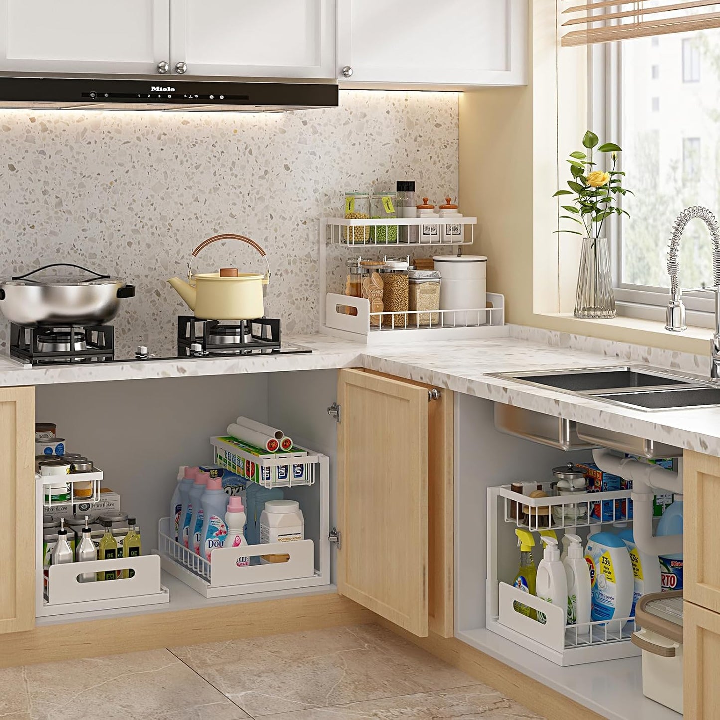 2 Pack Under Sink Organizer and Storage, Pull Out Cabinet Organizer Slide Out Sink Shelf Cabinet Storage Shelves, Under Sink Storage for Kitchen Bathroom Cabinet,White