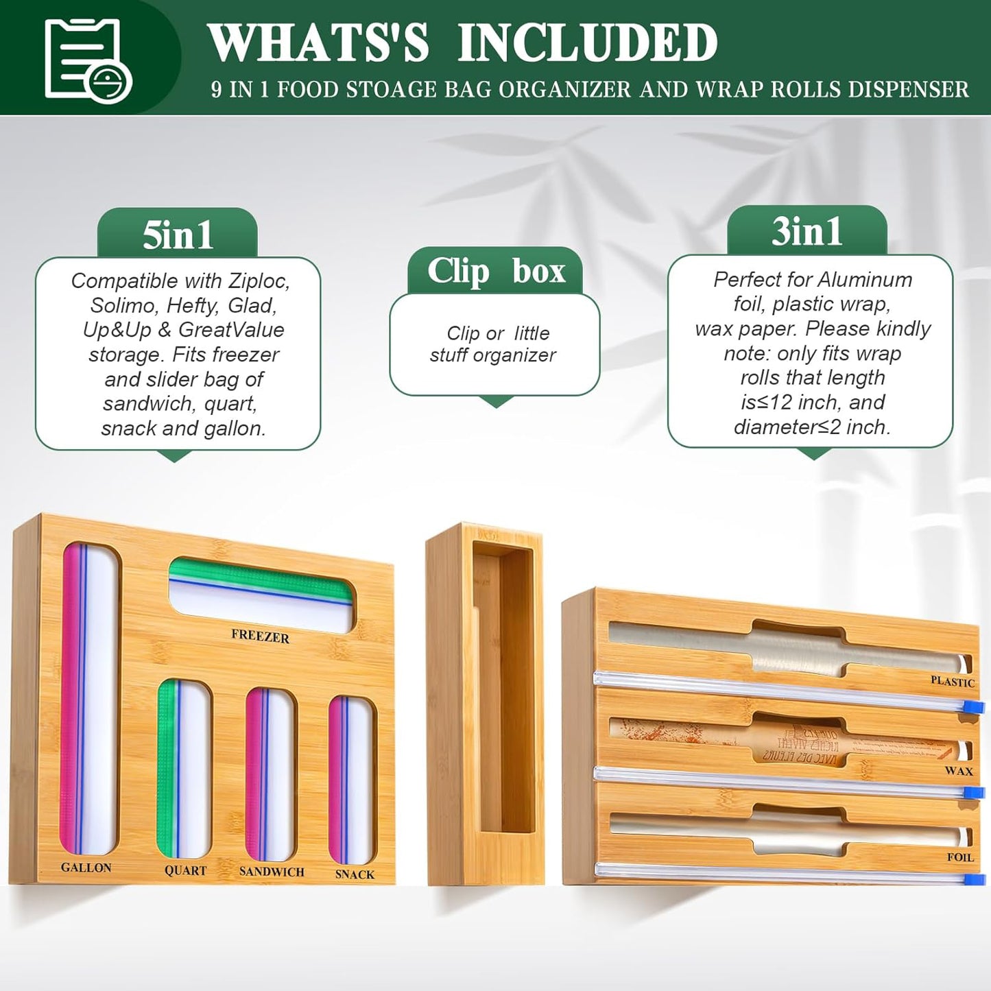 9 IN 1 Kitchen Ziplock Bag Organizer, AOKIWO Bamboo Foil and Plastic Wrap with Cutter for Kitchen Drawer, Compatible Gallon, Quart, Sandwich Snack Size