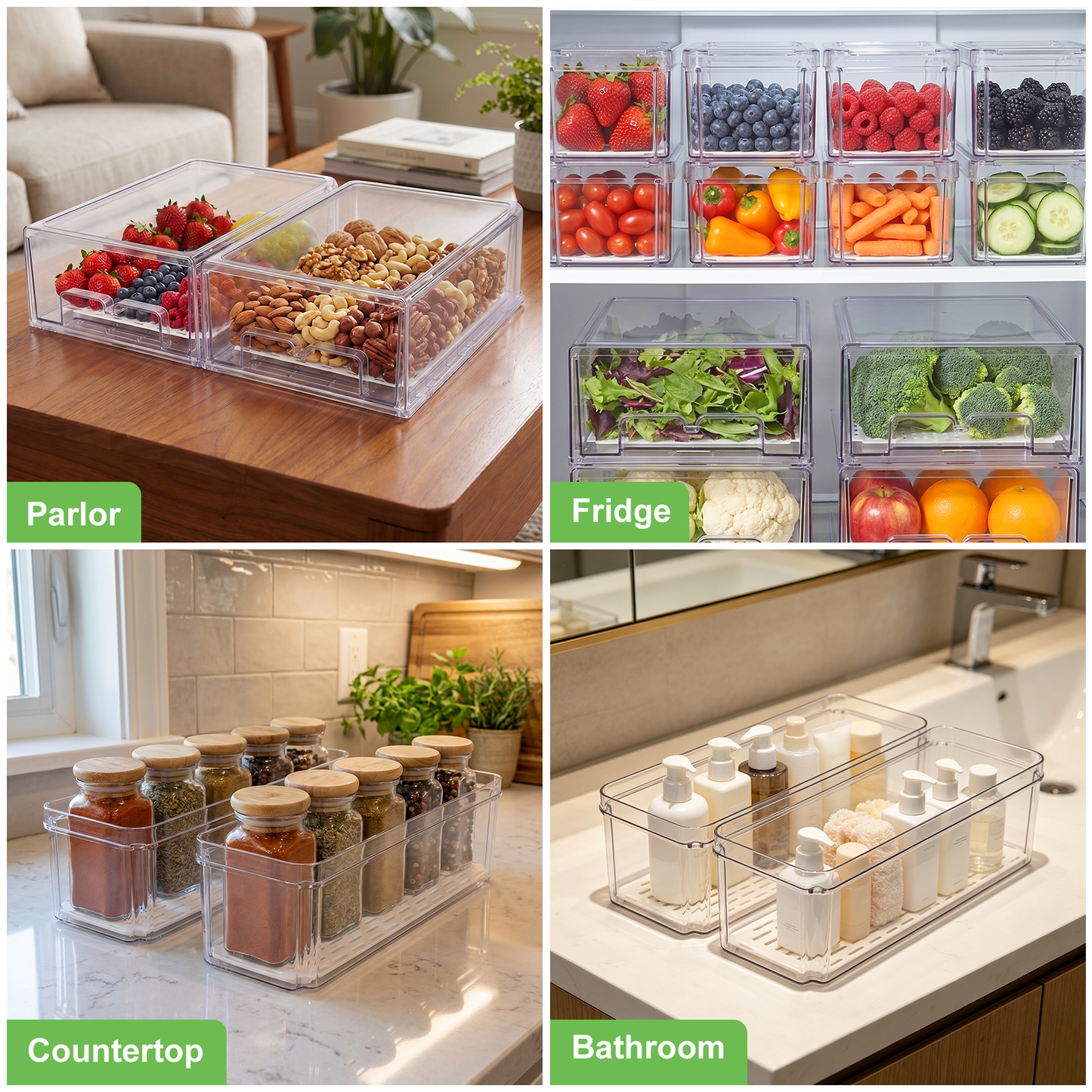 6 Pack Refrigerator Drawer Organizer Bins with Lids, Stackable Fridge & Pantry Storage Bins with Strainer Layer, Clear Plastic Storage Bins for Kitchen, Fruits, Vegetables, Drinks, Snack & Food