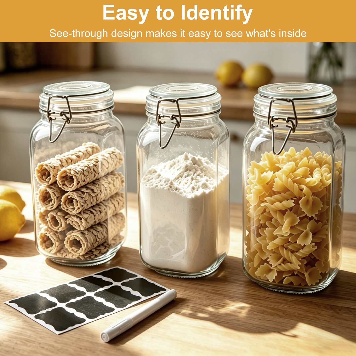 3 Pcs Airtight Glass Jars with Lids, TAIMASI 0.6 Gallon Glass Food Storage Canister with Wire Clip Fastening, Square Mason Jars with Labels & Pen for Flour, Cereal, Pasta, Bean