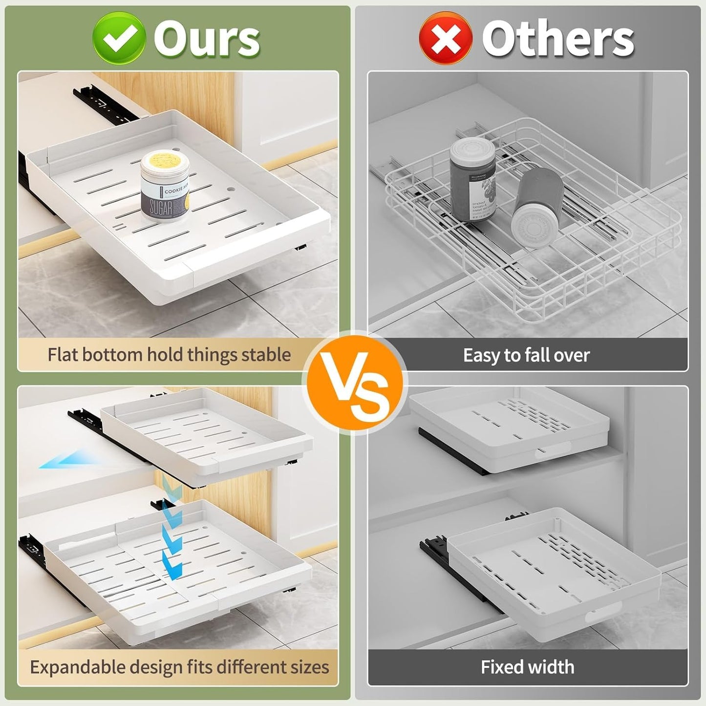 2 Pack Pull Out Cabinet Organizers Expandable (13''-19''), Slide Out Drawers for Kitchen, Bathroom, Pantry, Under Sink Storage, Pull Out Drawers Fixed with Adhesive Nano Film (White)