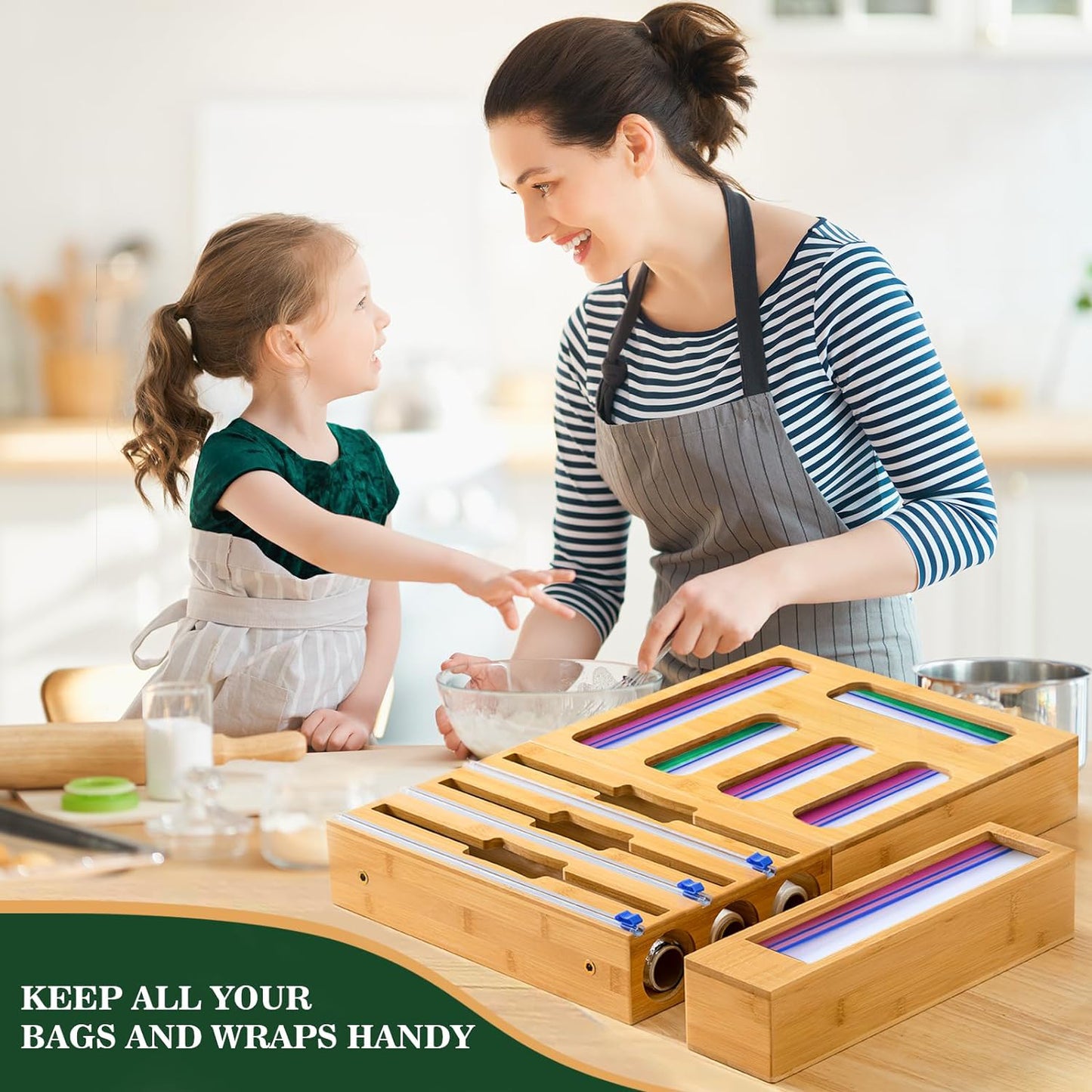 9 IN 1 Kitchen Ziplock Bag Organizer, AOKIWO Bamboo Foil and Plastic Wrap with Cutter for Kitchen Drawer, Compatible Gallon, Quart, Sandwich Snack Size