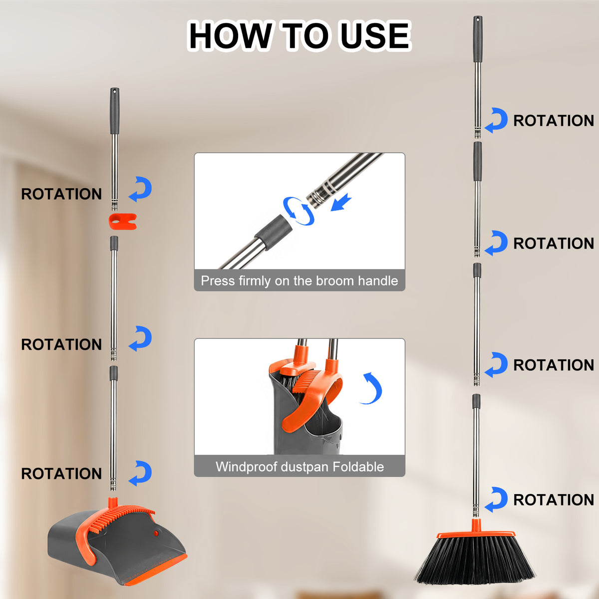 Upgrade Broom and Dustpan Set, TAIMASI Broom with Dustpan Combo with 52" Long Adjustable Handle, Ideal for Indoor Outdoor Garage Kitchen Room Office Lobby (Gray&Orange)