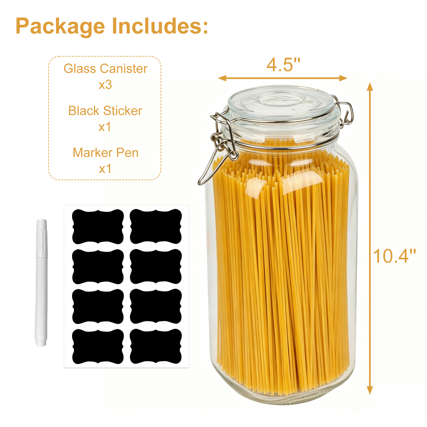 3 Pcs Airtight Glass Jars with Lids, TAIMASI 0.6 Gallon Glass Food Storage Canister with Wire Clip Fastening, Square Mason Jars with Labels & Pen for Flour, Cereal, Pasta, Bean