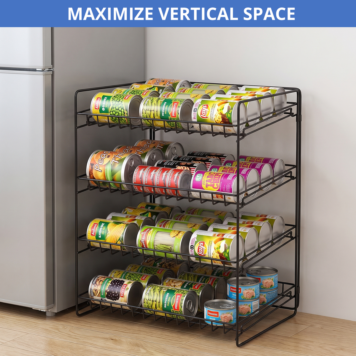 4 Tier Stackable Can Organizer, TAIMASI Stainless Steel Kitchen Cabinet Pantry Organization Food Storage Dispenser Holds Up to 48 Cans,Black