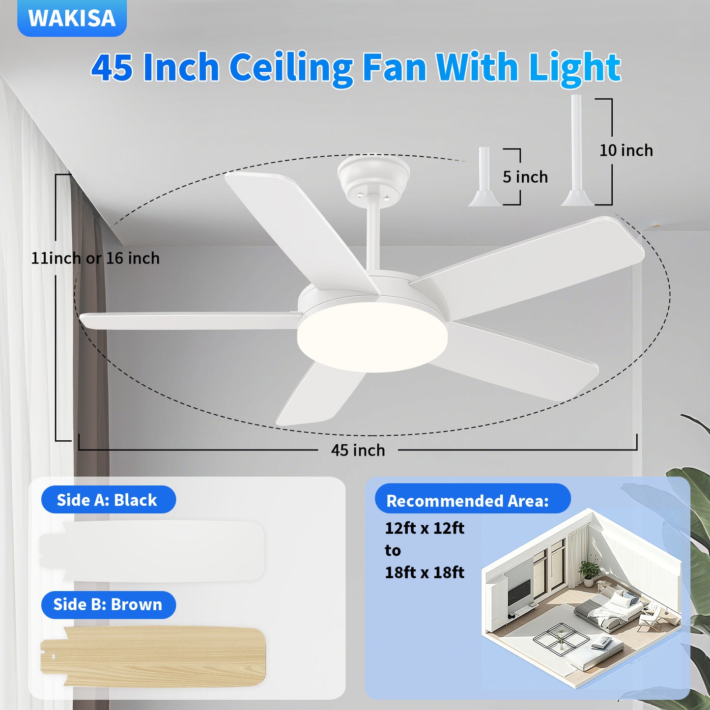 Kaqinu Ceiling Fans with Lights and Remote & App Control,45 inch Modern Ceiling Fans,6 Speeds 3 Colors for Indoor