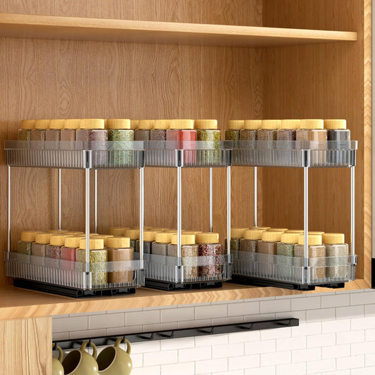 3 Pack Pull Out Spice Rack Organizer for Cabinet, 2 Tier Slide Out Spice Racks Organizer, Spice Cabinet Organizers, Cabinet Size Need:12'' High x 11'' Deep x 5'' Wide, Clear Acrylic