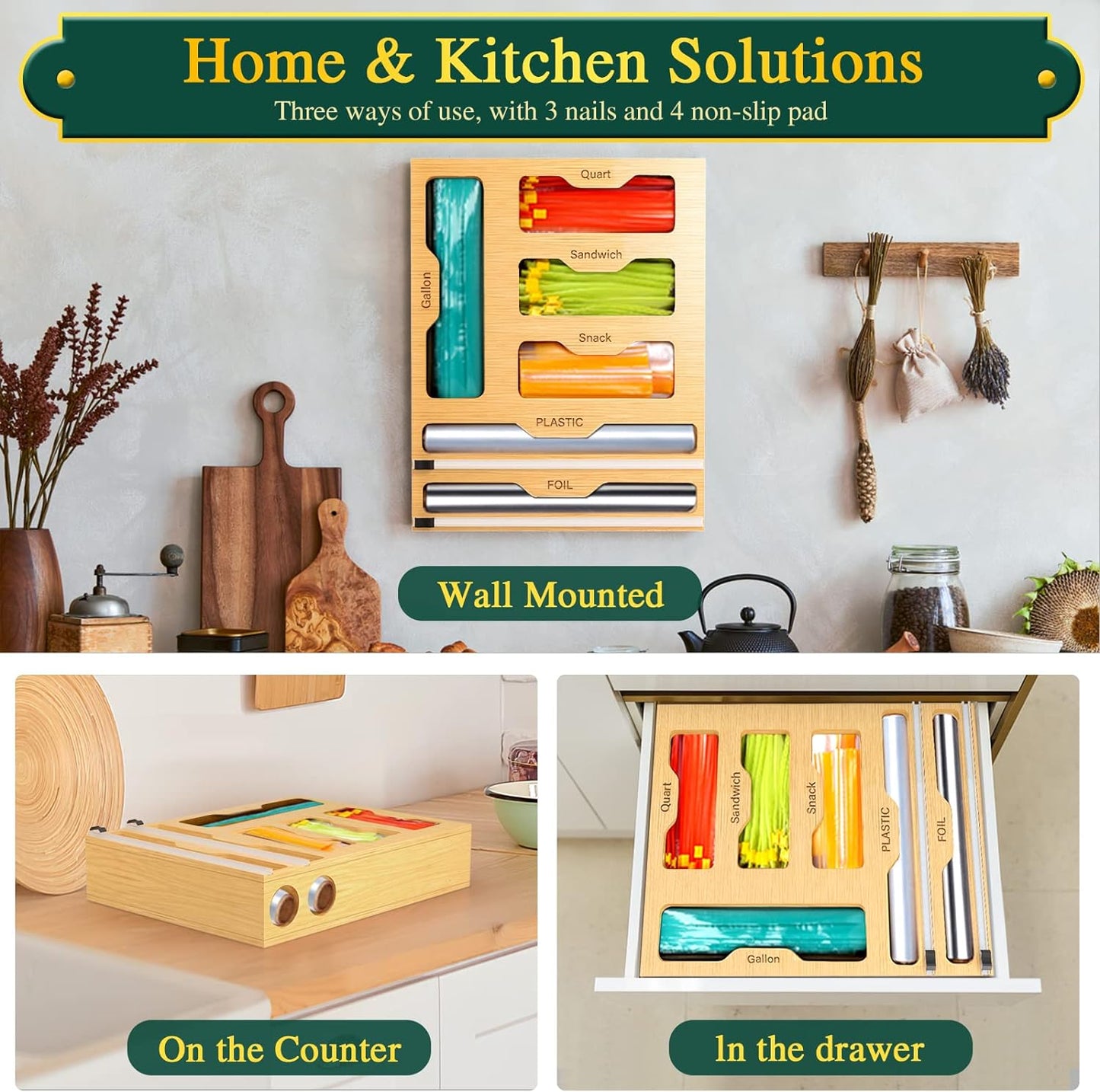 Bag Organizer and Plastic Wrap Dispenser with Cutter, 6 In 1 Bamboo Foil and Plastic Wrap Organizer for Kitchen Drawer, Food Storage Bag Organizer for Gallon,Quart,Sandwich,Snack(Yellow)