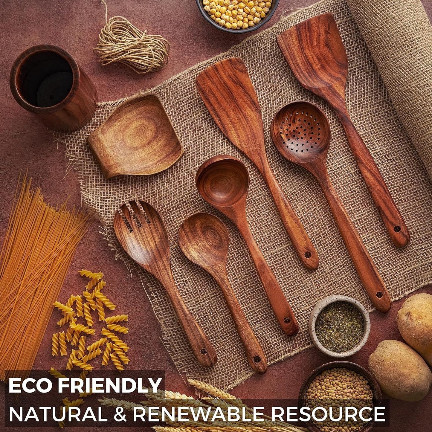13Pcs Wooden Utensil Set with Holder, AOKIWO Natural Teak Wood Kitchen Utensil Set ,Spoons and Spatula Set with Spoon Rest, Nonstick Kitchen Cookware, Brown