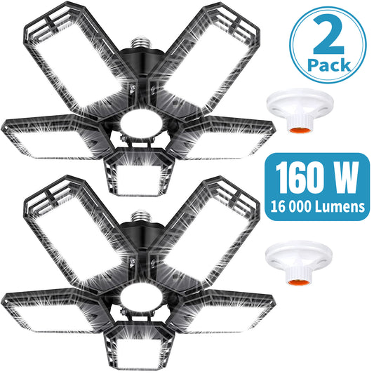 2 Pack LED Garage Lights, 160W Deformable LED Garage Ceiling Lights with 5 Adjustable Panels, E26 / E27 LED Lights for Garage