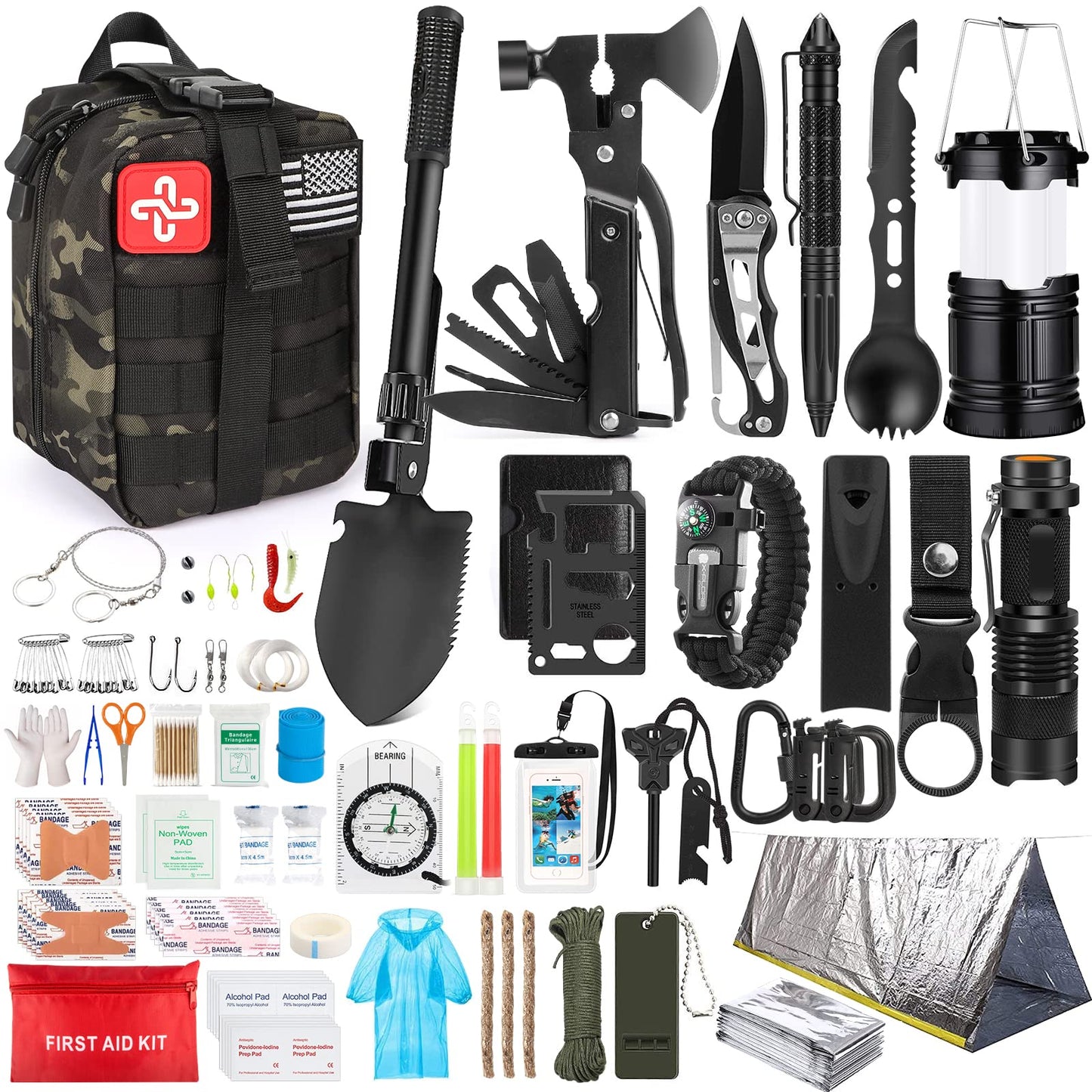 Kaqinu Survival Kit, 250 Pieces Professional Survival Gear with Molle System Compatible Bag and Emergency Tent, Great Christmas Gift for Men Dad Husband Who Loves Camping Outdoor Adventures