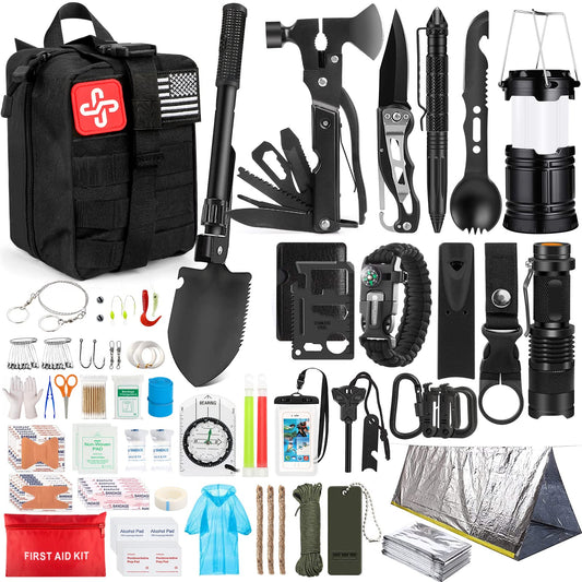 Kaqinu Survival Kit, 250 Pieces Professional Survival Gear with Molle System Compatible Bag and Emergency Tent, Great Christmas Gift for Men Dad Husband Who Loves Camping Outdoor Adventures