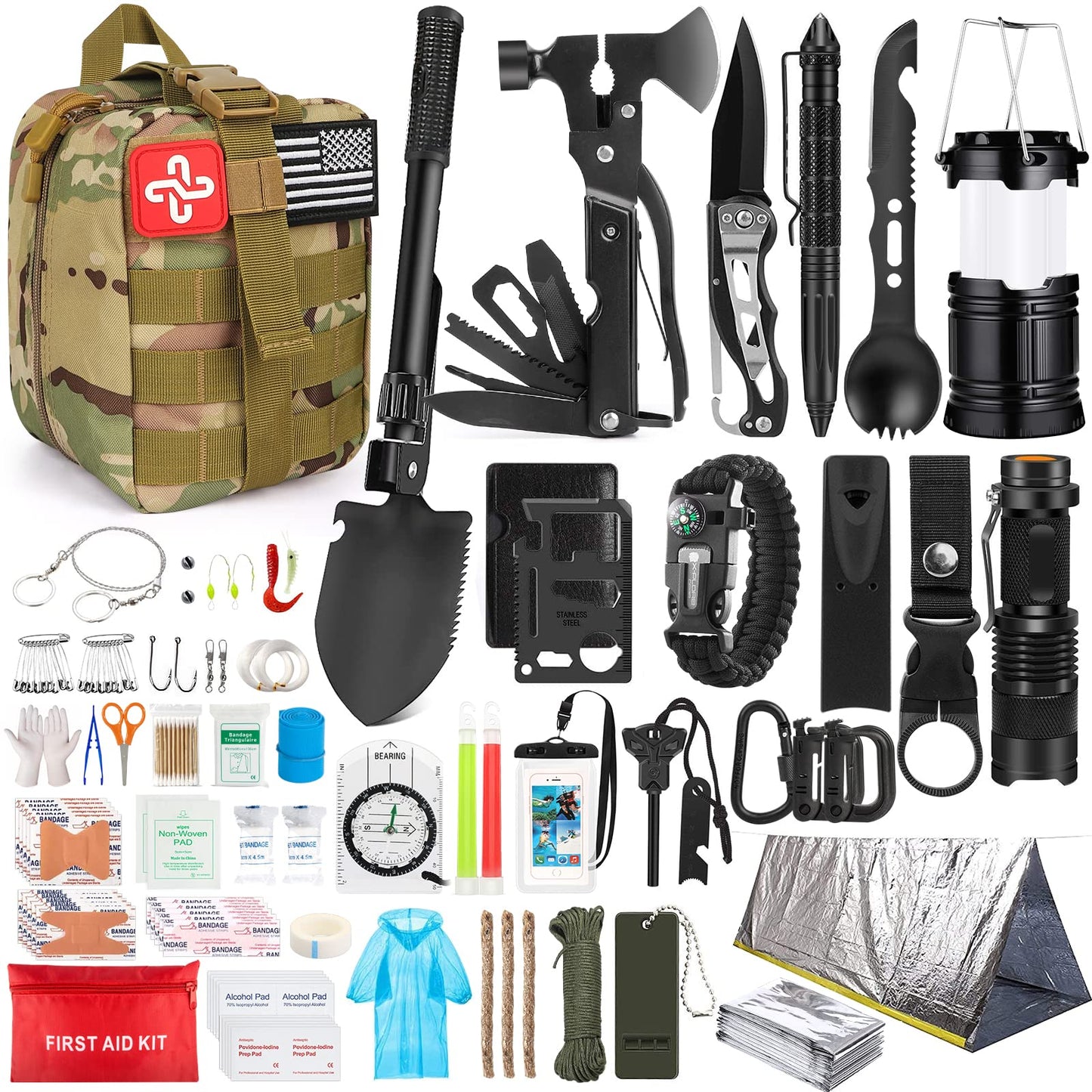 Kaqinu Survival Kit, 250 Pieces Professional Survival Gear with Molle System Compatible Bag and Emergency Tent, Great Christmas Gift for Men Dad Husband Who Loves Camping Outdoor Adventures