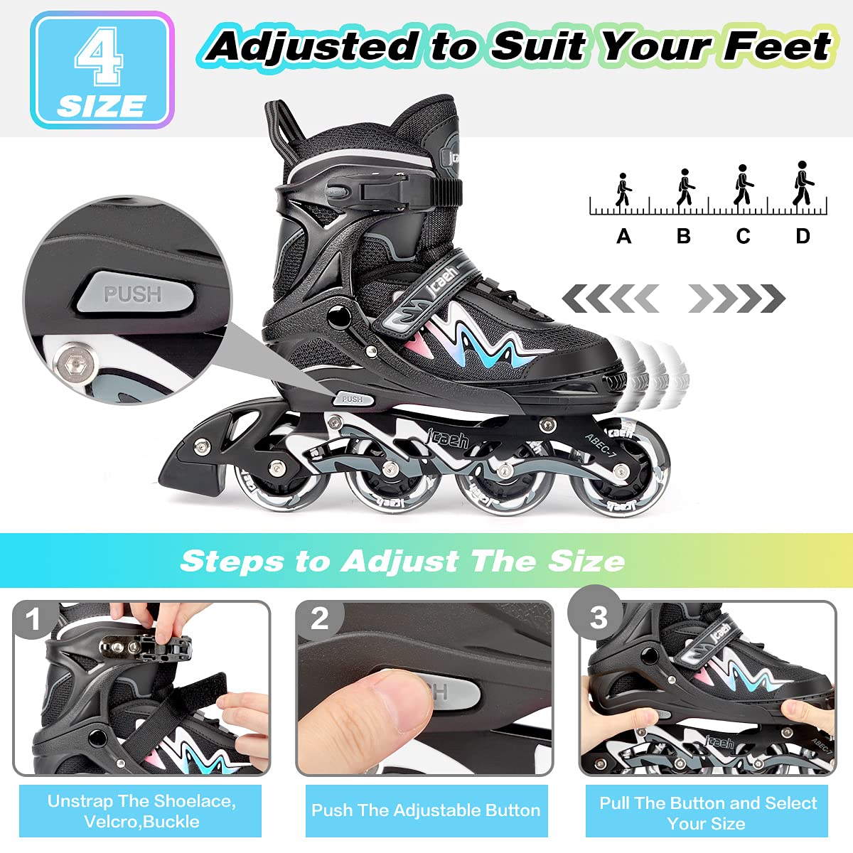 Adjustable Inline Skates for Kids and Adults, jcaeh 4 Sizes Outdoor Blades Roller Skates with Full Illuminating Light Up Wheels for Girls and Boys, Men and Women