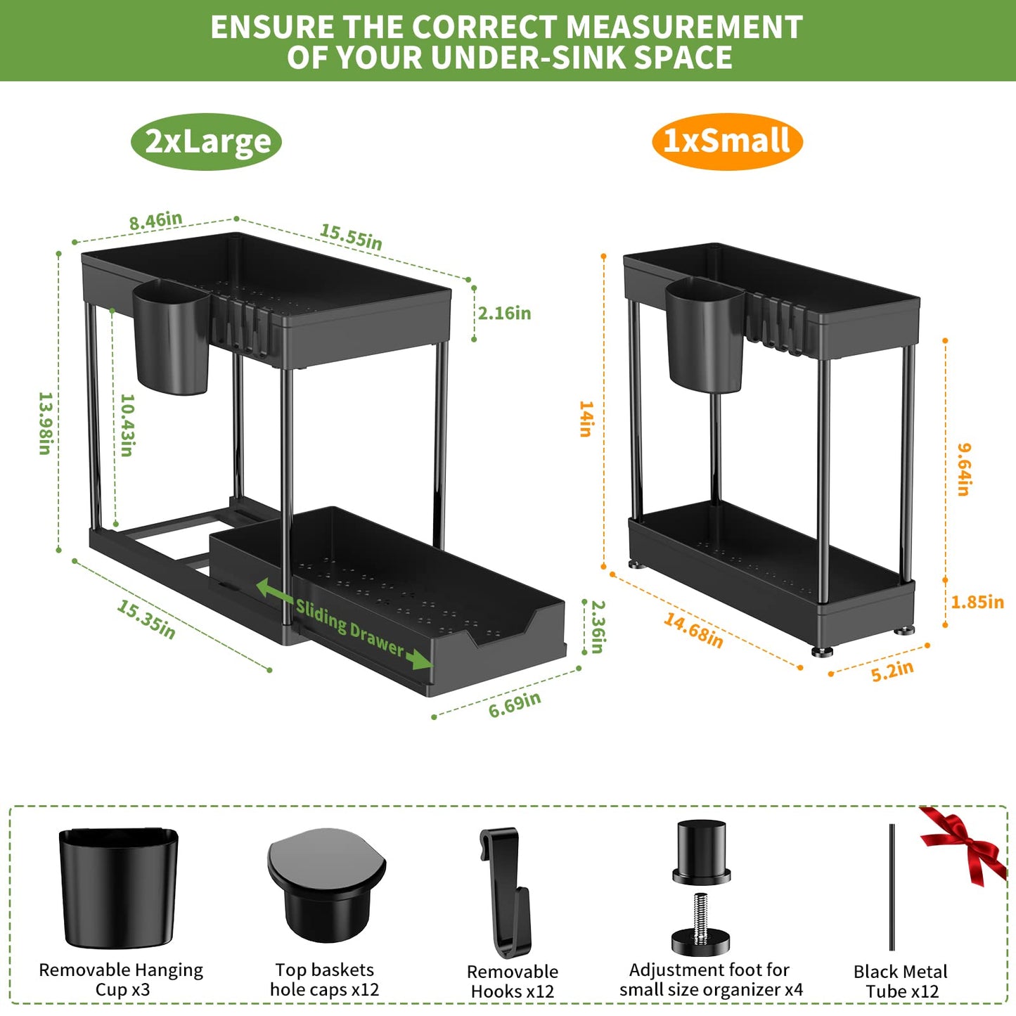 3 Pack Under Sink Organizers and Storage, Pull Out Bathroom Organizer, 2 Tier Bathroom Countertop Organizer with Hooks and Haning Cups, Multi-Purpose Under Cabinet Organizer, 2 Large 1 Small