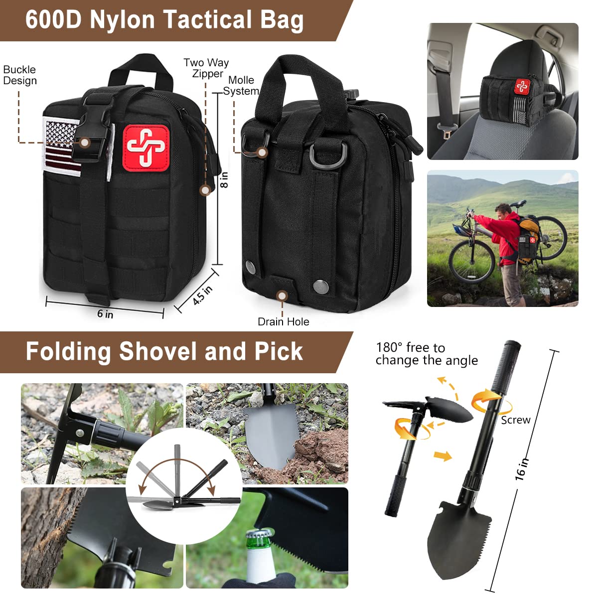 238Pcs Emergency Survival Kit and First Aid Kit, Professional Survival Gear Tool with Molle Pouch and Emergency Tent for Earthquake, Outdoor Adventure, Camping, Hiking