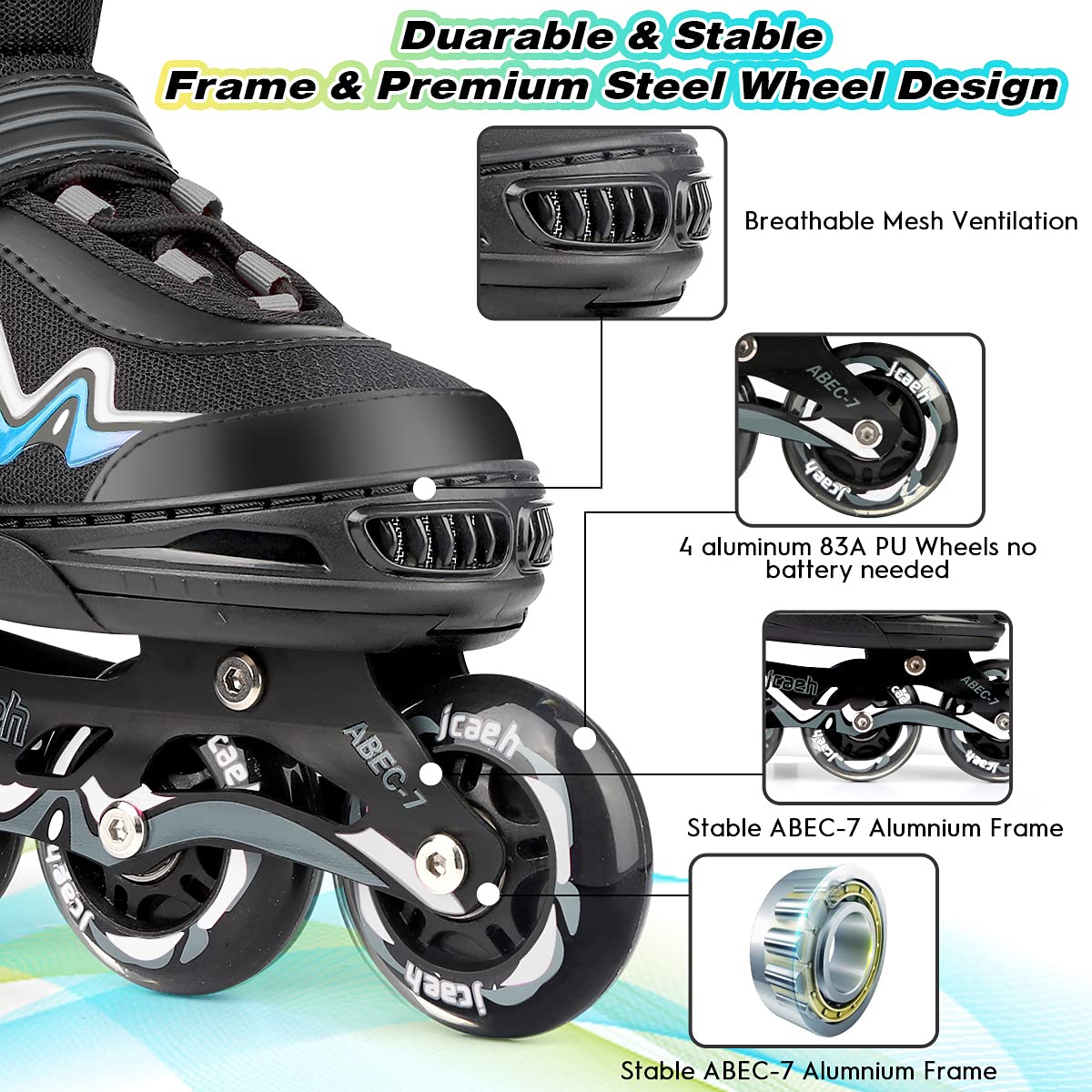 Adjustable Inline Skates for Kids and Adults, jcaeh 4 Sizes Outdoor Blades Roller Skates with Full Illuminating Light Up Wheels for Girls and Boys, Men and Women