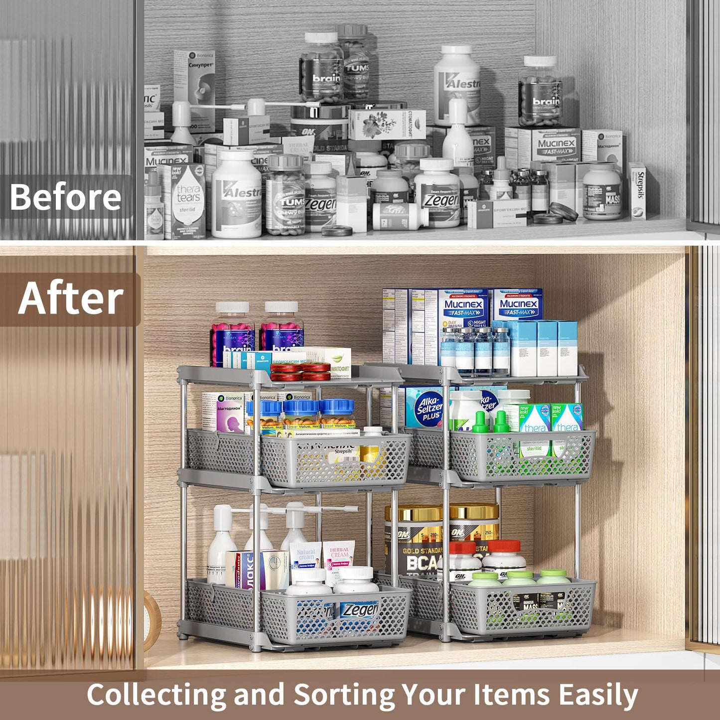 2 Pcs 3 Tier Bathroom Organizers and Storage, Pull Out Under Sink Organizer with Dividers, Kitchen Pantry Organizers and Storage, Bathroom Storage Cabinet - Grey