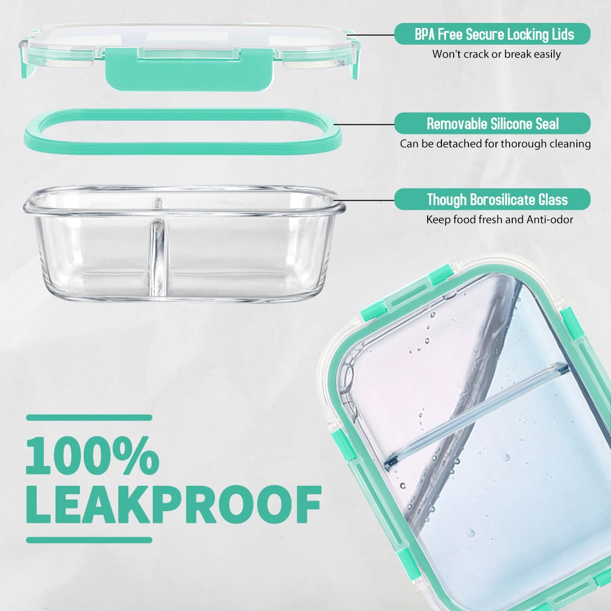 42pcs Glass Food Storage Containers with Snap Locking Lids Set, Glass Meal Prep Containers (21 Containers & 21 Lids Include One 2 Compartments),Leak Proof Lunch Containers BPA-Free,Green