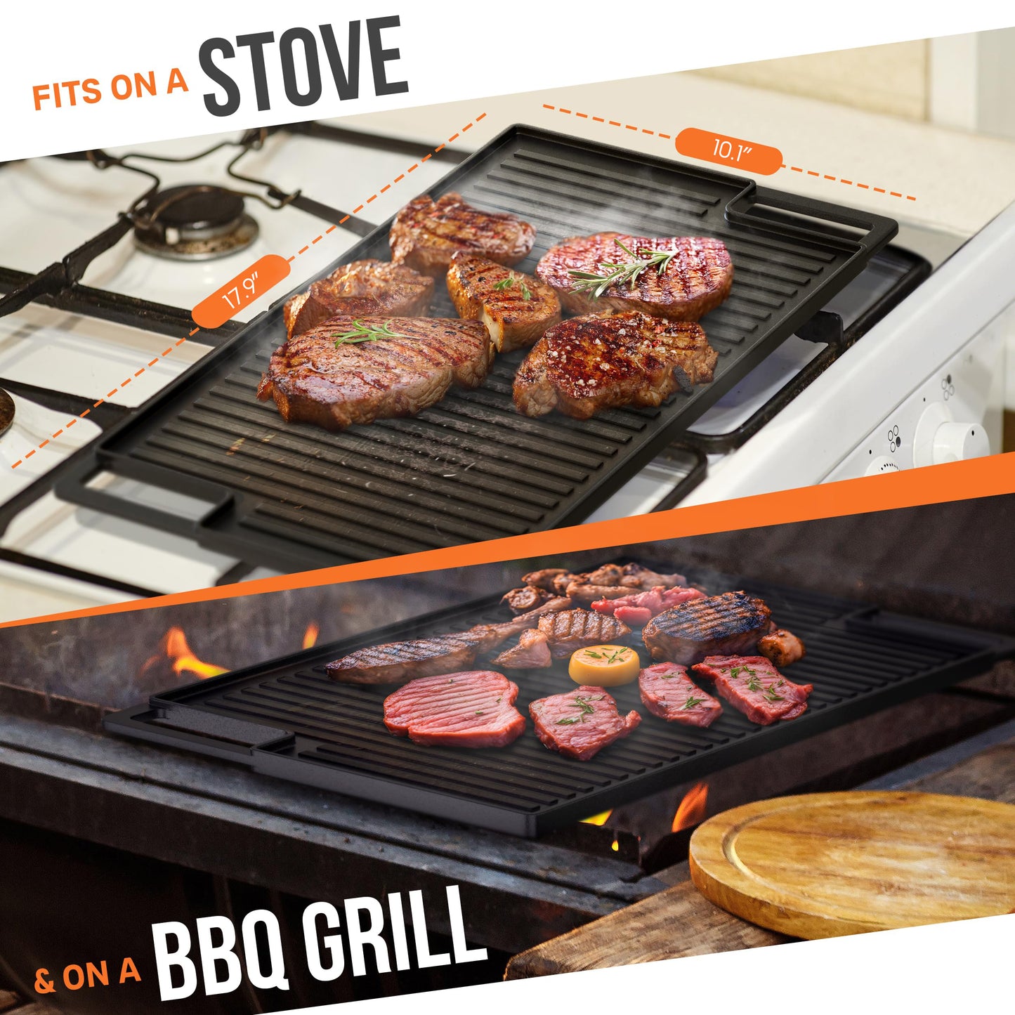 Cast Iron Griddle, Reversible Grill/Griddle + Cast Iron Press + Pinch Mitts, Grill Pan For Stove Top, Gas Grill, Indoor & Outdoor Cooking - Pre Seasoned & Non-stick (10.1" x 17.9")