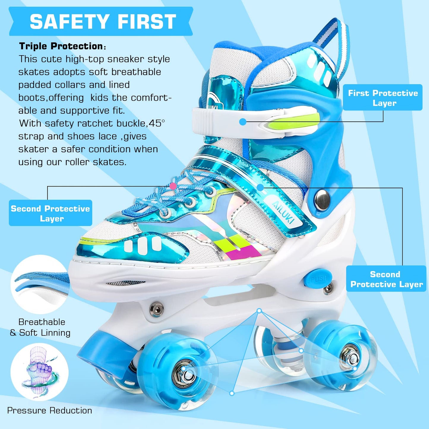 Roller Skates for Girls and Boys,4 Size Adjustable Kids Toddler Roller Skates with Light up Wheels for Toddlers Children Outdoor Indoor / Blue/M