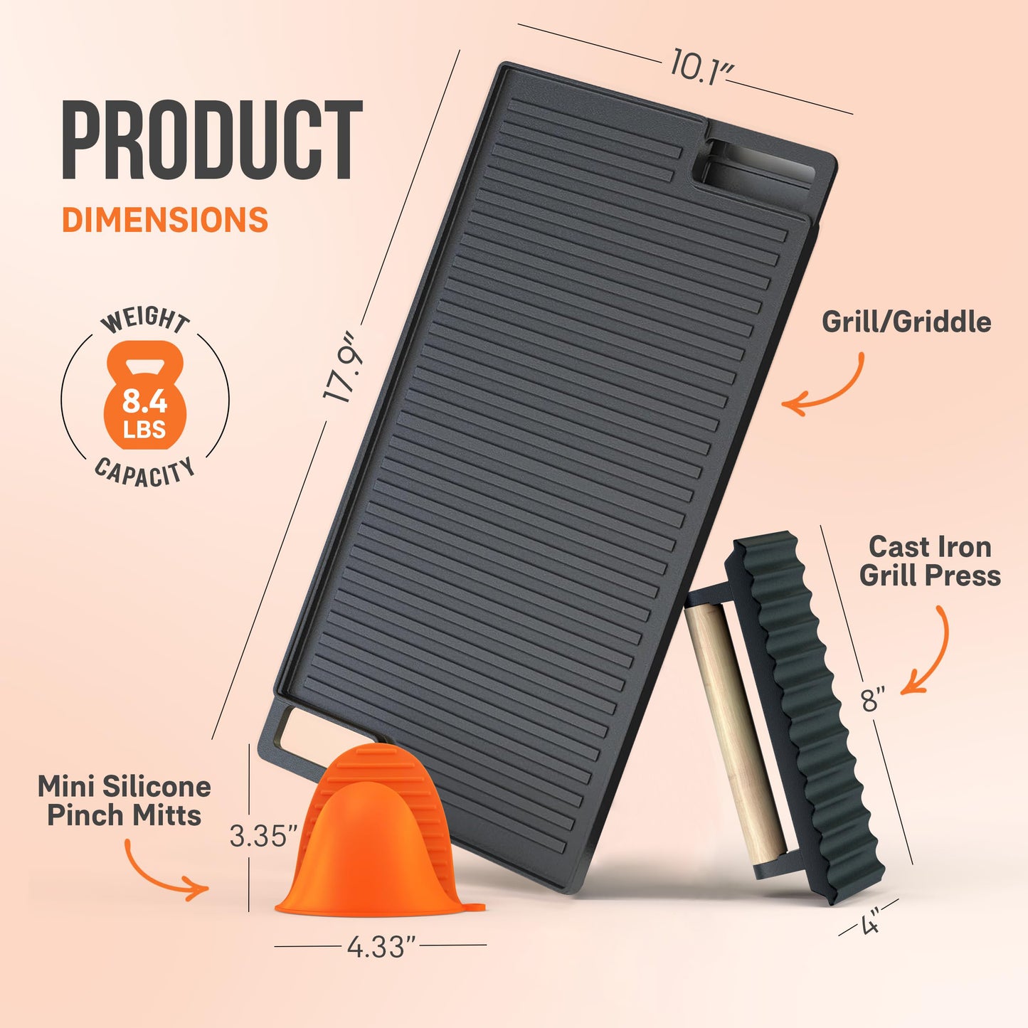 Cast Iron Griddle, Reversible Grill/Griddle + Cast Iron Press + Pinch Mitts, Grill Pan For Stove Top, Gas Grill, Indoor & Outdoor Cooking - Pre Seasoned & Non-stick (10.1" x 17.9")