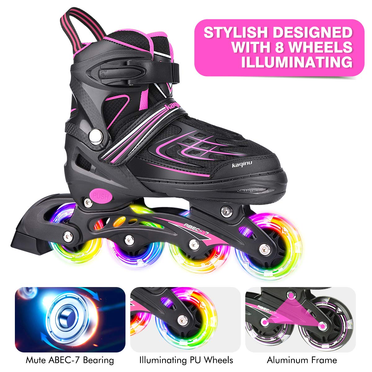 KAQINU Adjustable Inline Skates, Outdoor Inline Skates with Full Illuminating Wheels for Kids and Adults, Women, Girls and Boys
