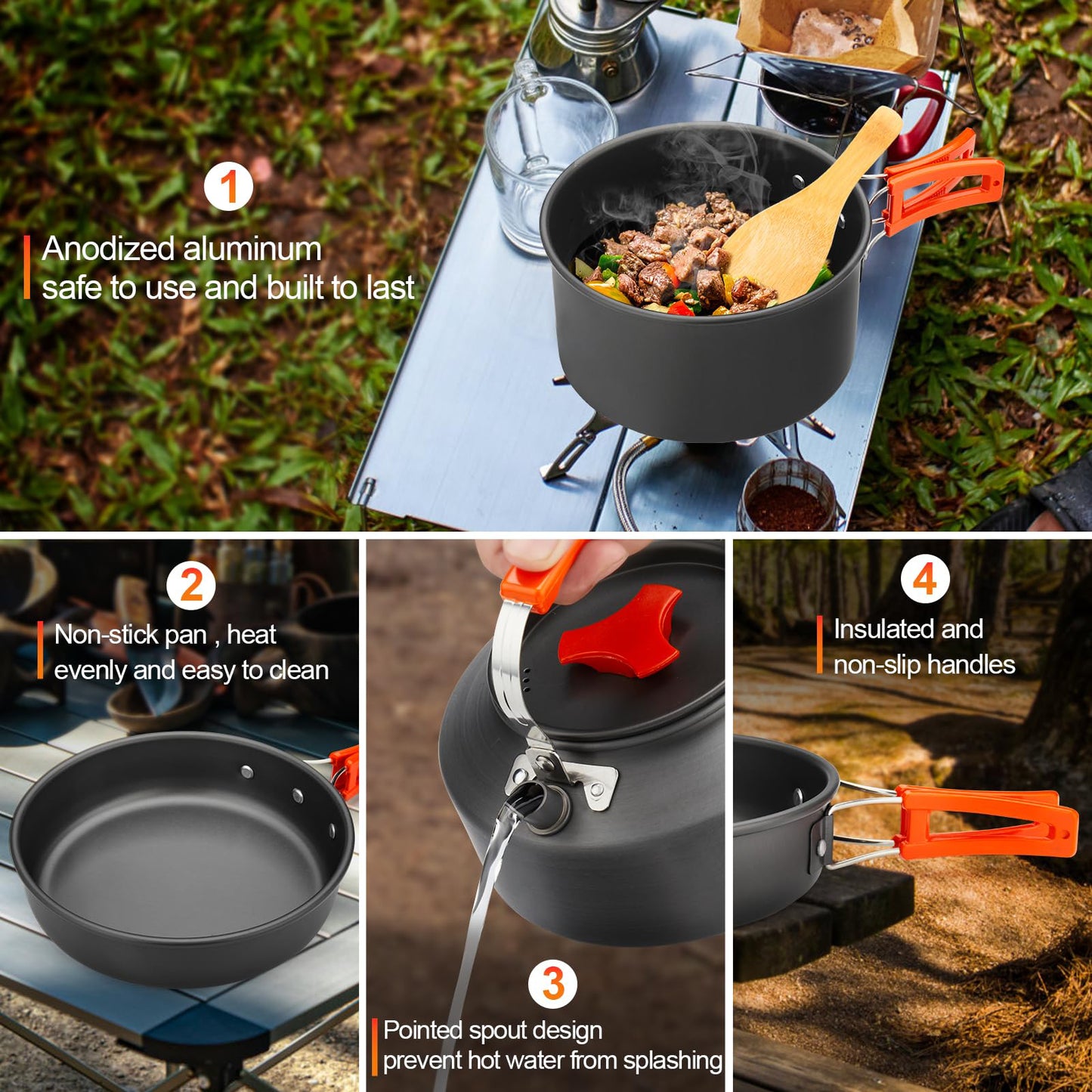 16pcs Camping Cookware Kit, 0.45Gal Pot, 7inches Pan,0.30Gal Kettle Set with 2 Set Stainless Steel Cups Plates Forks Knives Spoons for Hiking,Camping,Backpacking,Outdoor Cooking and Picnic