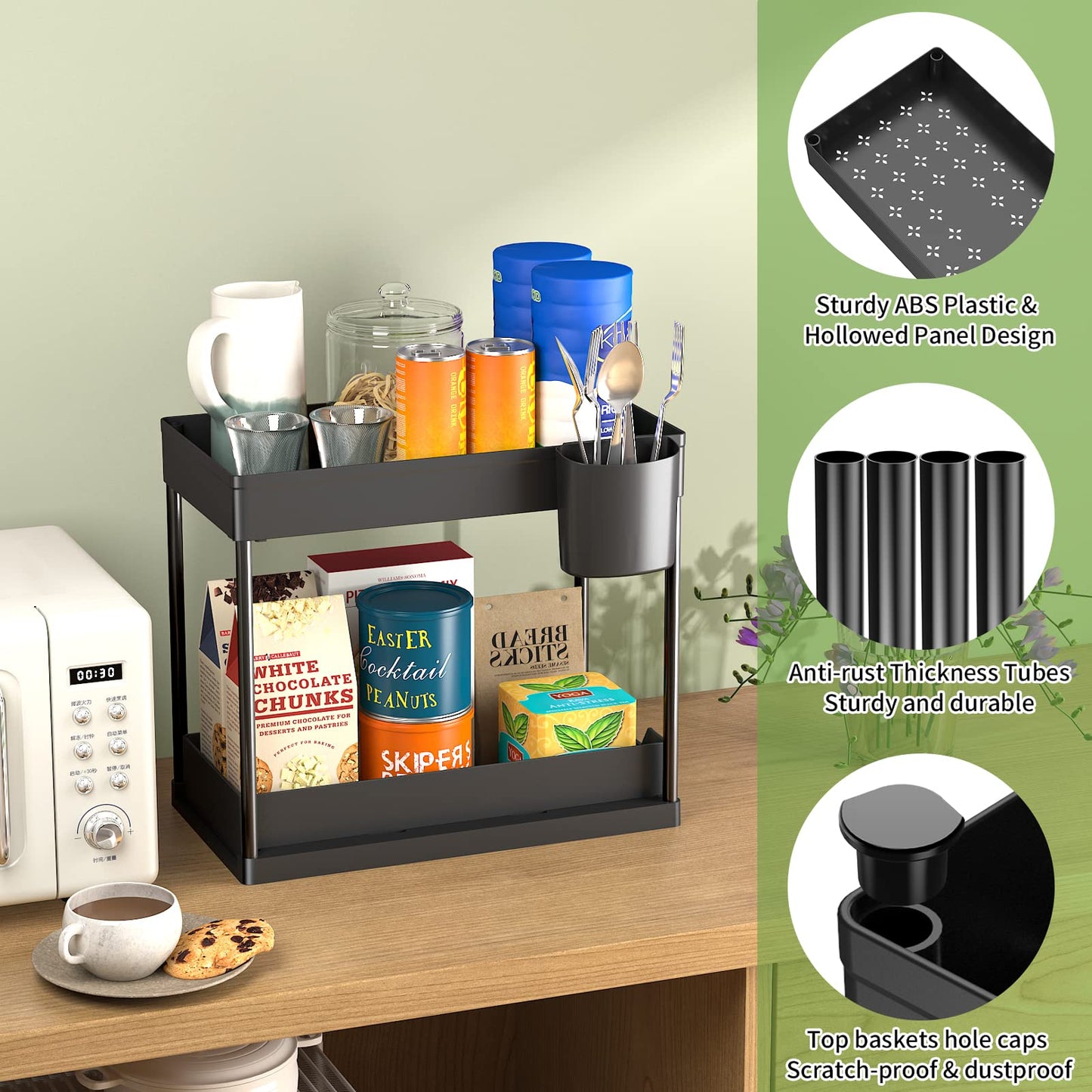 3 Pack Under Sink Organizers and Storage, Pull Out Bathroom Organizer, 2 Tier Bathroom Countertop Organizer with Hooks and Haning Cups, Multi-Purpose Under Cabinet Organizer, 2 Large 1 Small