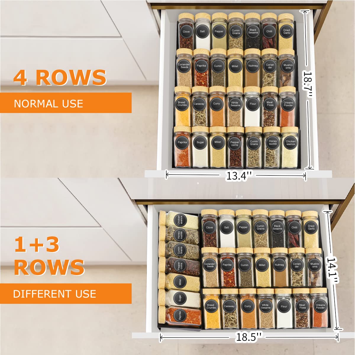 Glass Spice Drawer Organizer with 28 Spice Jars, 386 Labels, Marker & Funnel, 4 Tier Heavy Gauge Steel Seasoning Organizer Tray for Kitchen Drawer, Cabinets, Countertop,13.4" Wide x 18.7" Deep