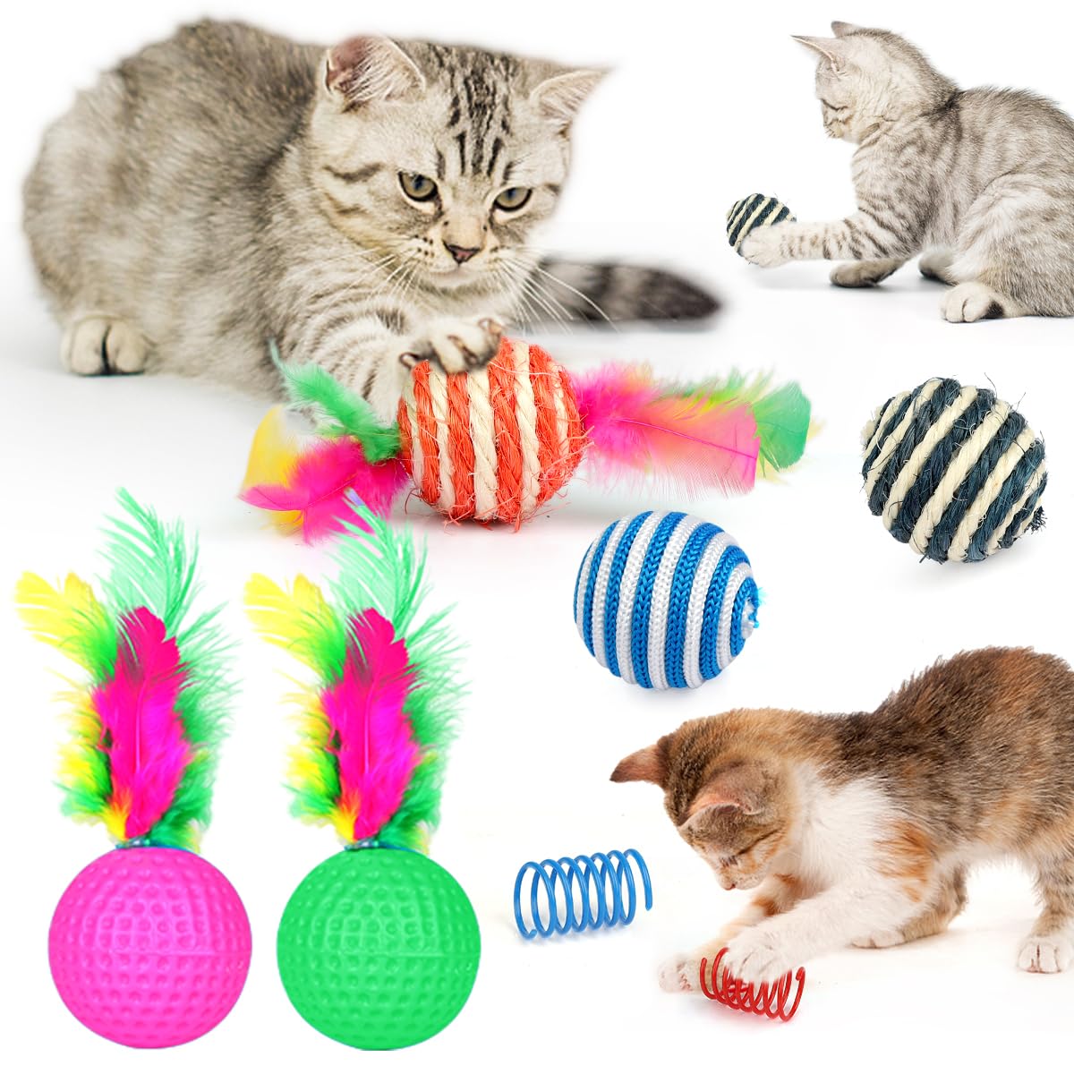 TAIMASI 32 PCS Cat Toys Kitten Toys,Interactive Variety Catnip Toys with Collapsible Rainbow Tunnel,Cat Feather Teaser Crinkle Balls Spring Toy for Cat, Kitty,Puppy