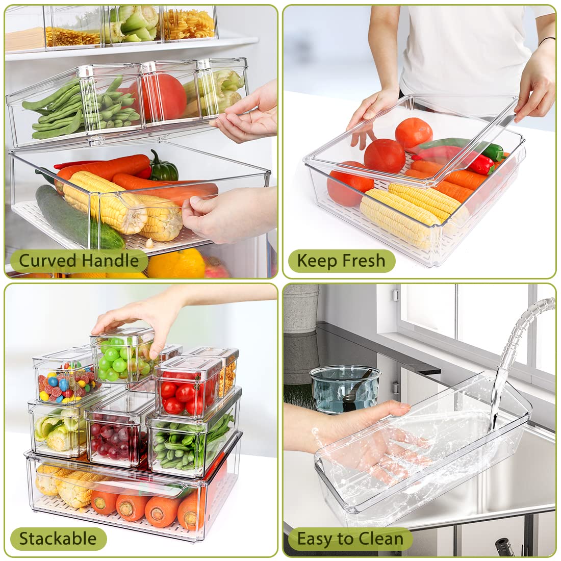 10 Pack Refrigerator Pantry Organizer Bins, Stackable Fridge Bins with Lids, Clear Plastic for Kitchen
