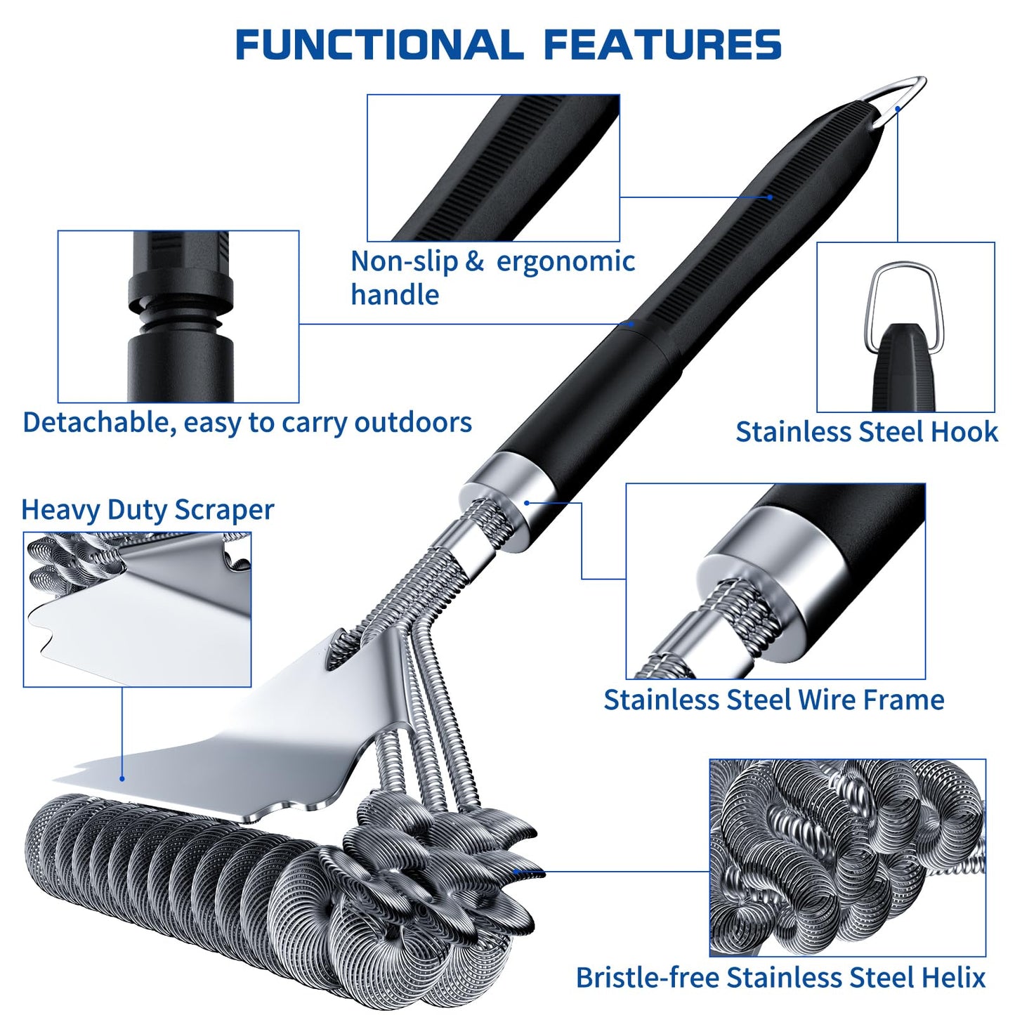 Grill Brush Bristle Free - Safe Grill Cleaning with No Wire Bristles - Professional Heavy Duty Stainless Steel Coils and Scraper