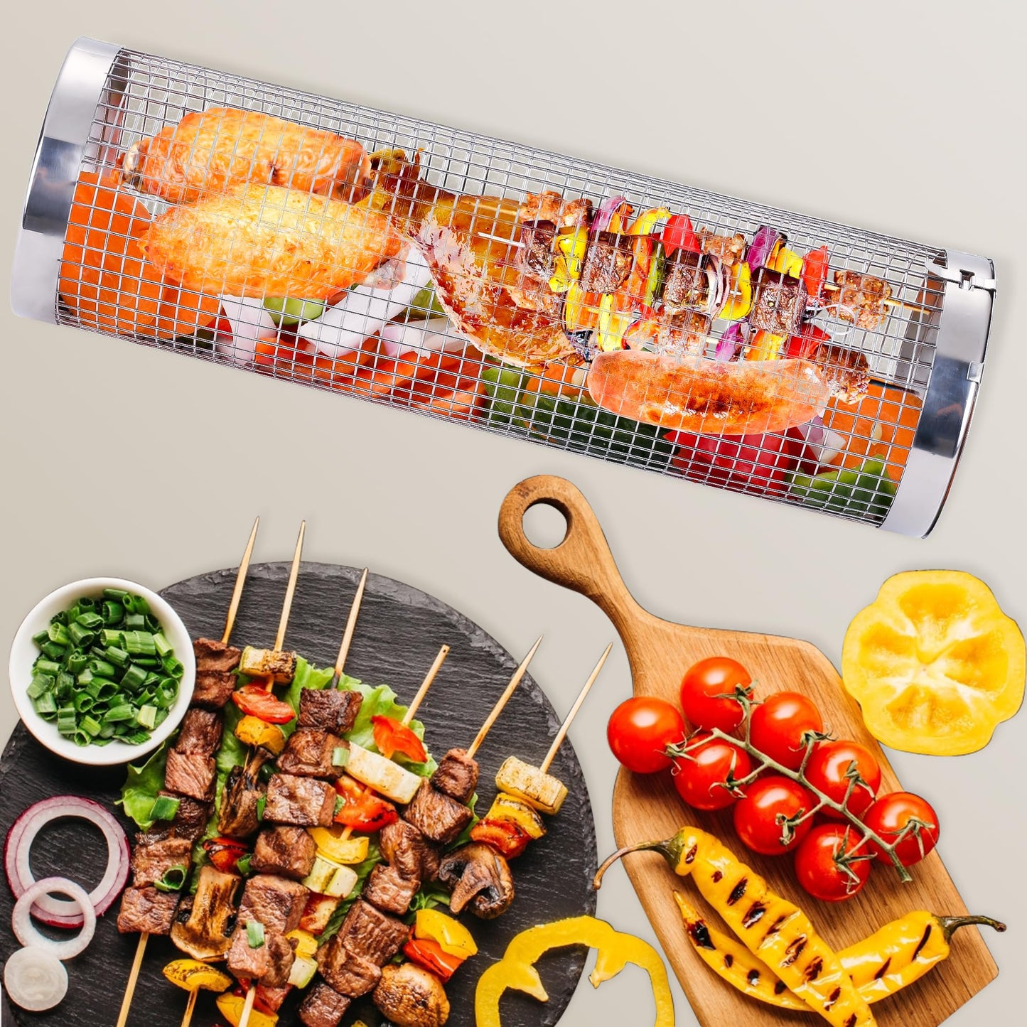 Rolling Grill Baskets for Outdoor Grilling, 2 Pcs Stainless Steel Grill Mesh, Rolling Grill Baskets for Outdoor Grill, Portable Grill Nets Cylinder for Shrimp, Meat Barbecue Camping Picnic with Forks