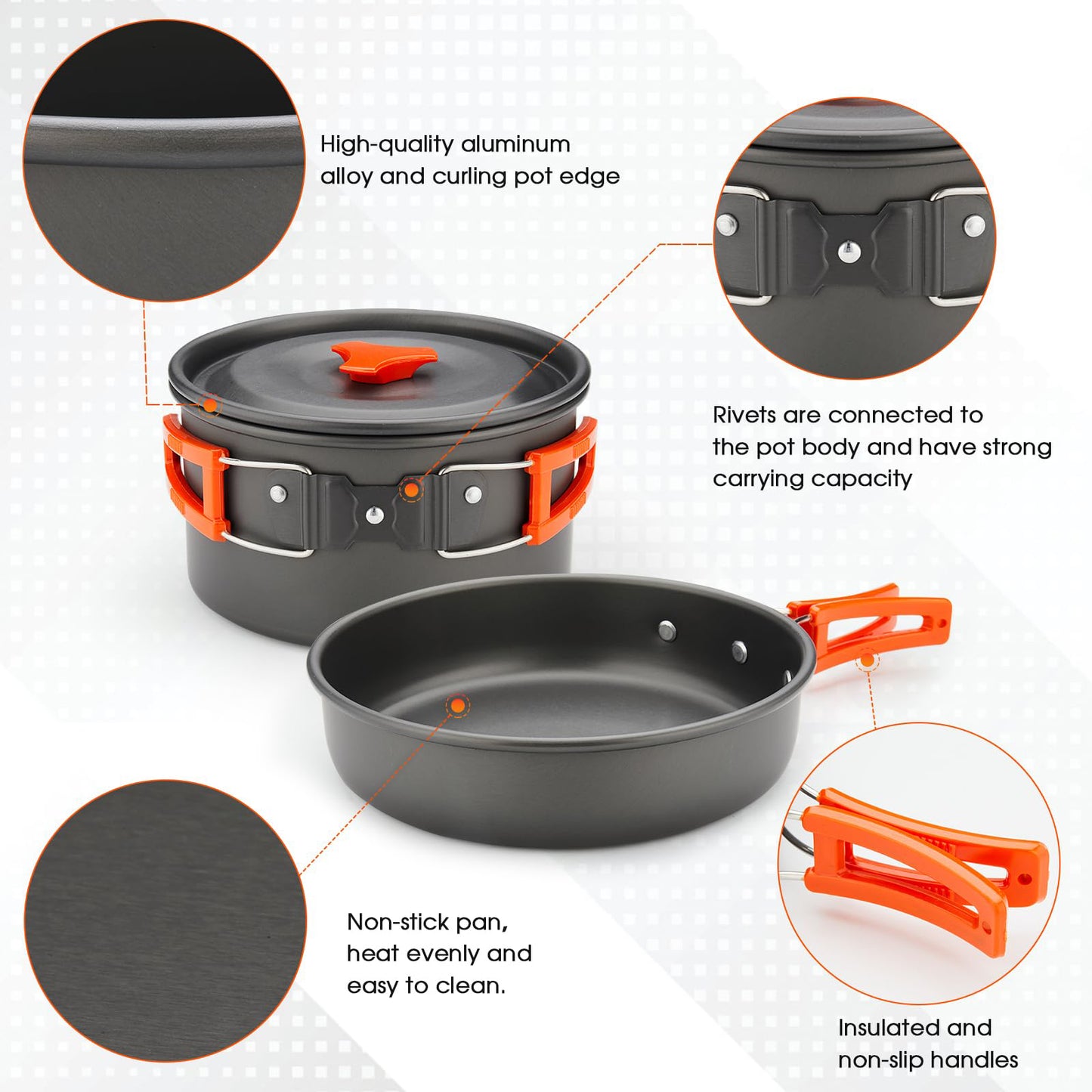 16pcs Camping Cookware Kit, 0.45Gal Pot, 7inches Pan,0.30Gal Kettle Set with 2 Set Stainless Steel Cups Plates Forks Knives Spoons for Hiking,Camping,Backpacking,Outdoor Cooking and Picnic