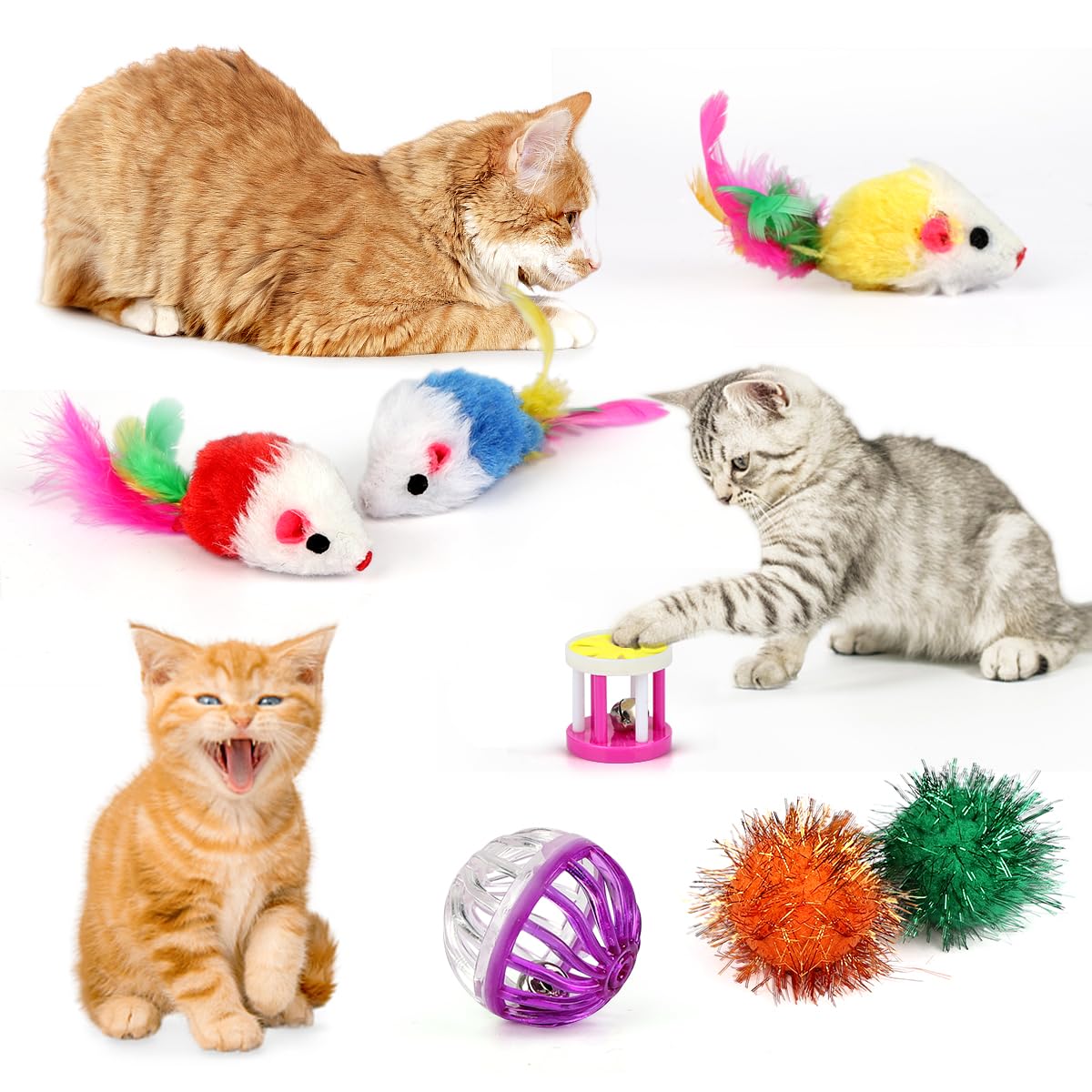 TAIMASI 32 PCS Cat Toys Kitten Toys,Interactive Variety Catnip Toys with Collapsible Rainbow Tunnel,Cat Feather Teaser Crinkle Balls Spring Toy for Cat, Kitty,Puppy