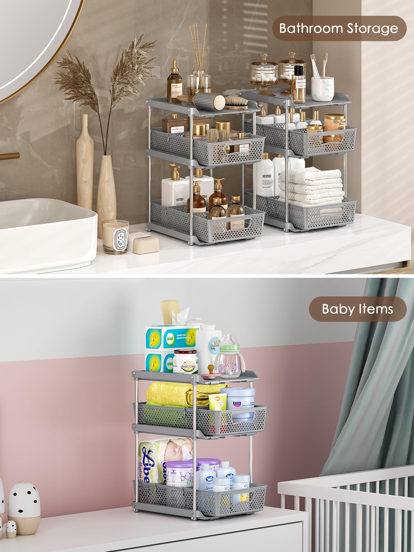 2 Pcs 3 Tier Bathroom Organizers and Storage, Pull Out Under Sink Organizer with Dividers, Kitchen Pantry Organizers and Storage, Bathroom Storage Cabinet - Grey