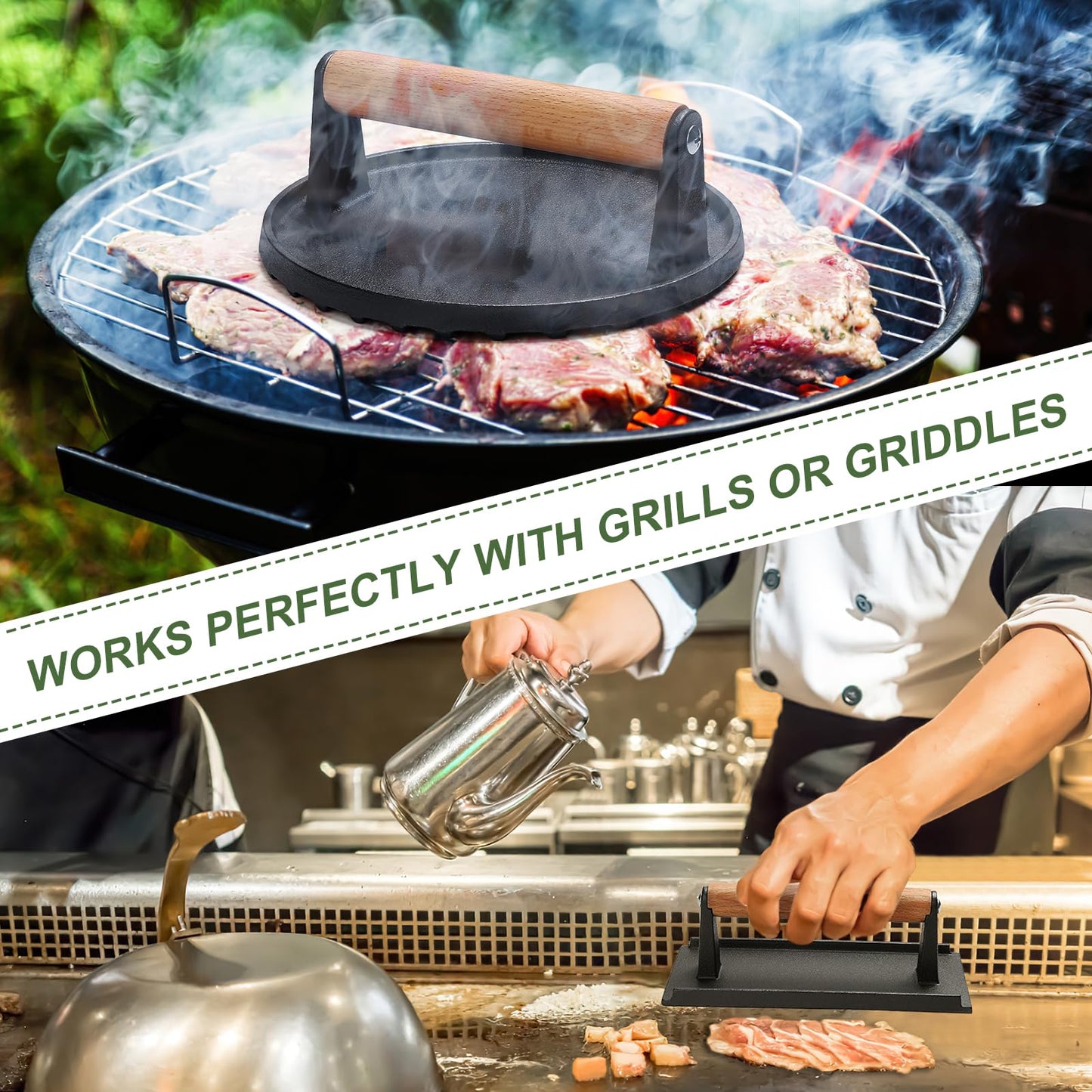 Burger Press, 7" Round & 8.2"X4.3" Rectangle Heavy-Duty Cast Iron Smash Bacon Press Meat Steak with Wood Handle for Blackstone Camp Chef Griddle Grills (Round & Rectangle)