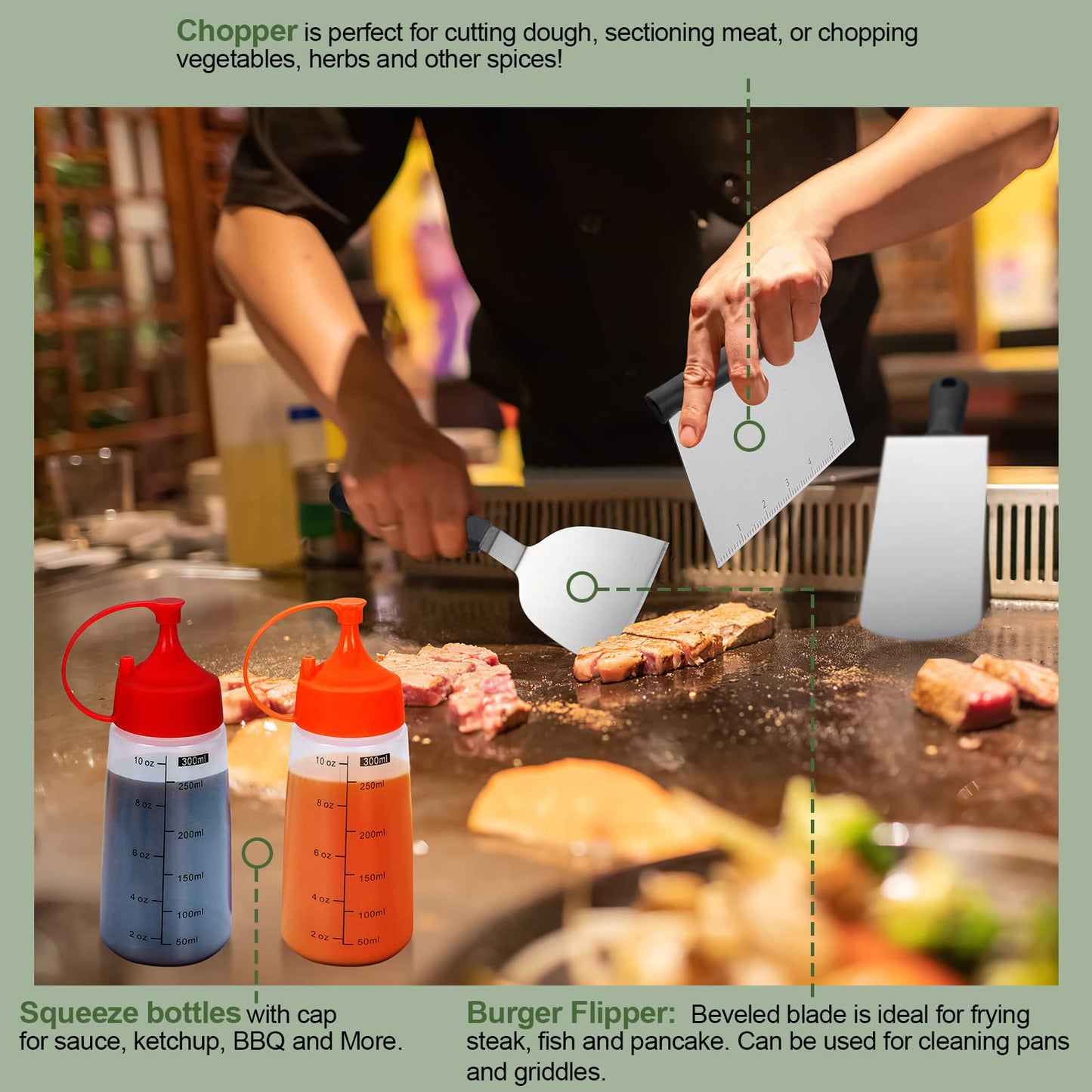 18PCS Griddle Accessories Kit, Flat Top Grill Accessories Set for Blackstone and Camp Chef, Grill Spatula Set for Outdoor BBQ